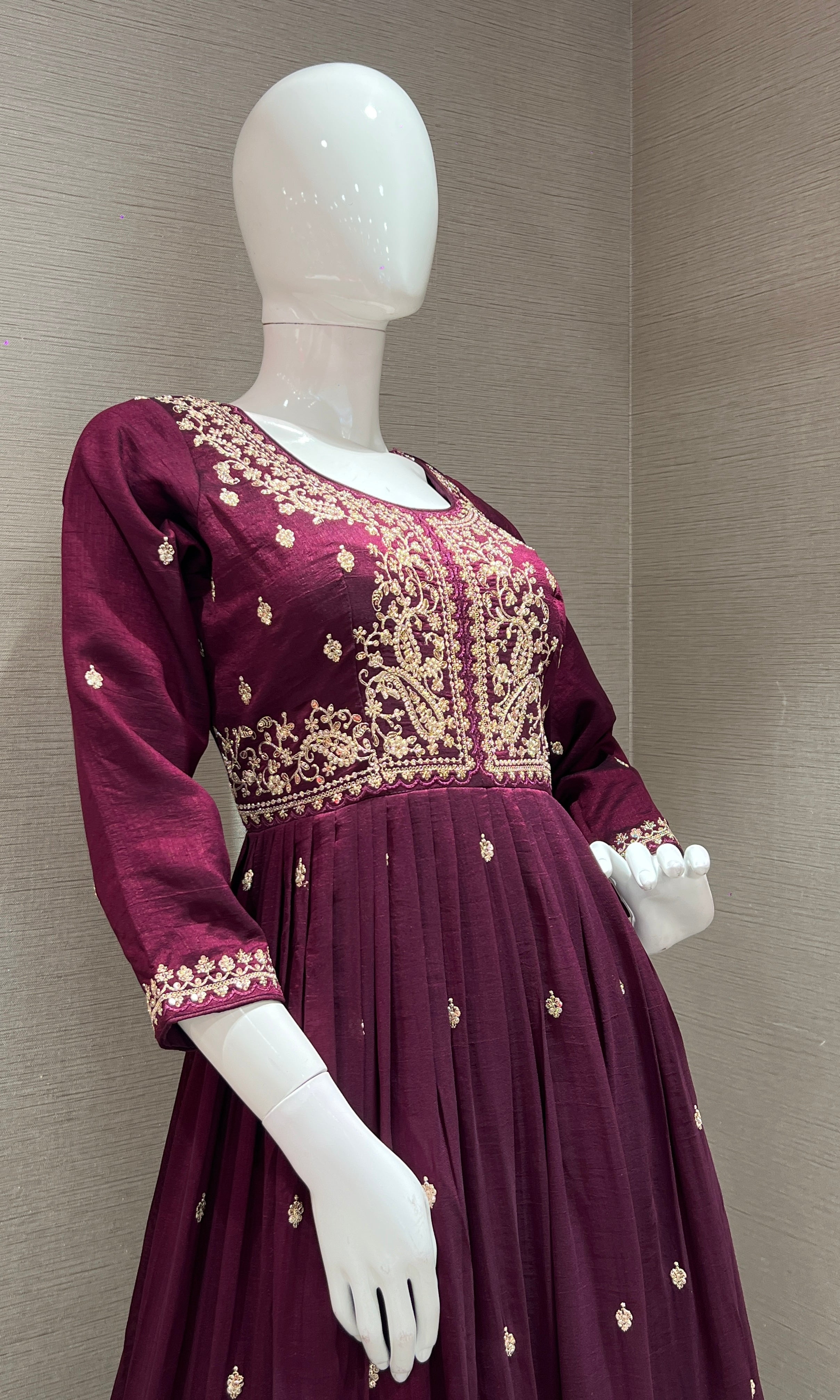 Wine EMBROIDERED ANARKALI LONG DRESS