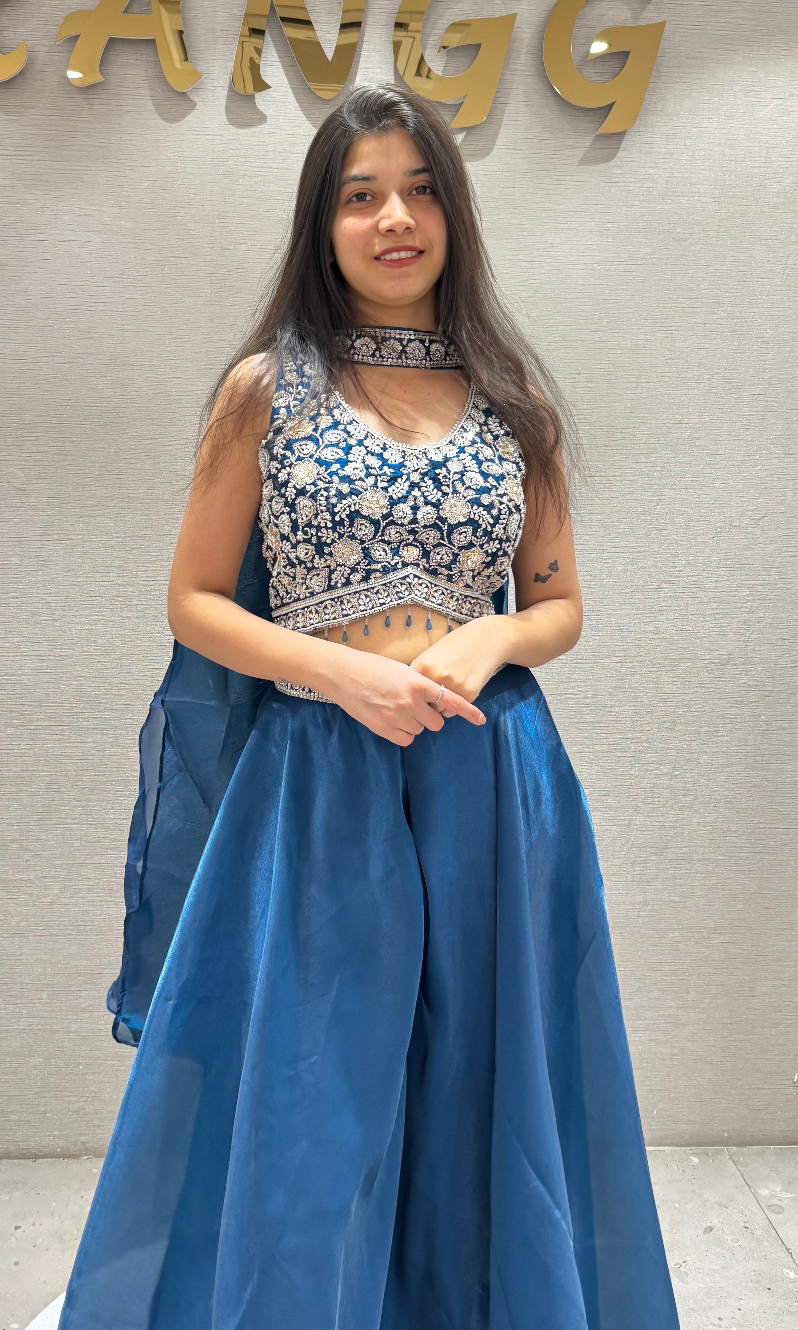 Teal Blue embroidered Crop Top Palazzo set