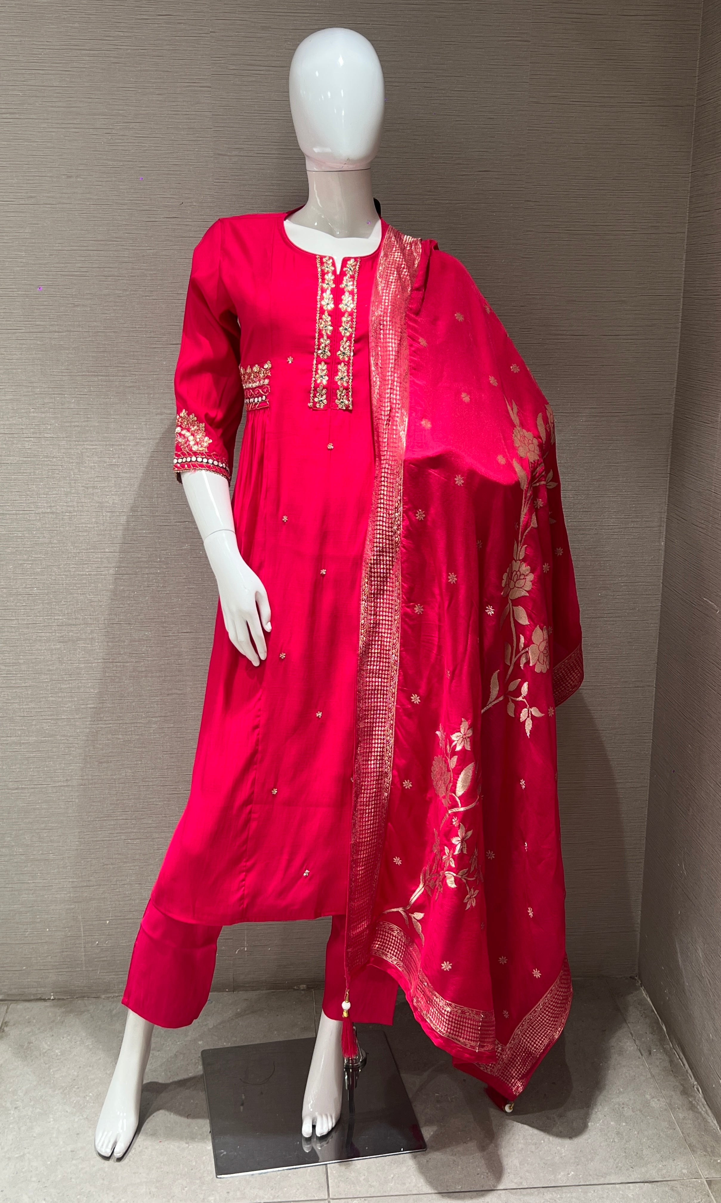 Rani pink gold embroidered kurta set