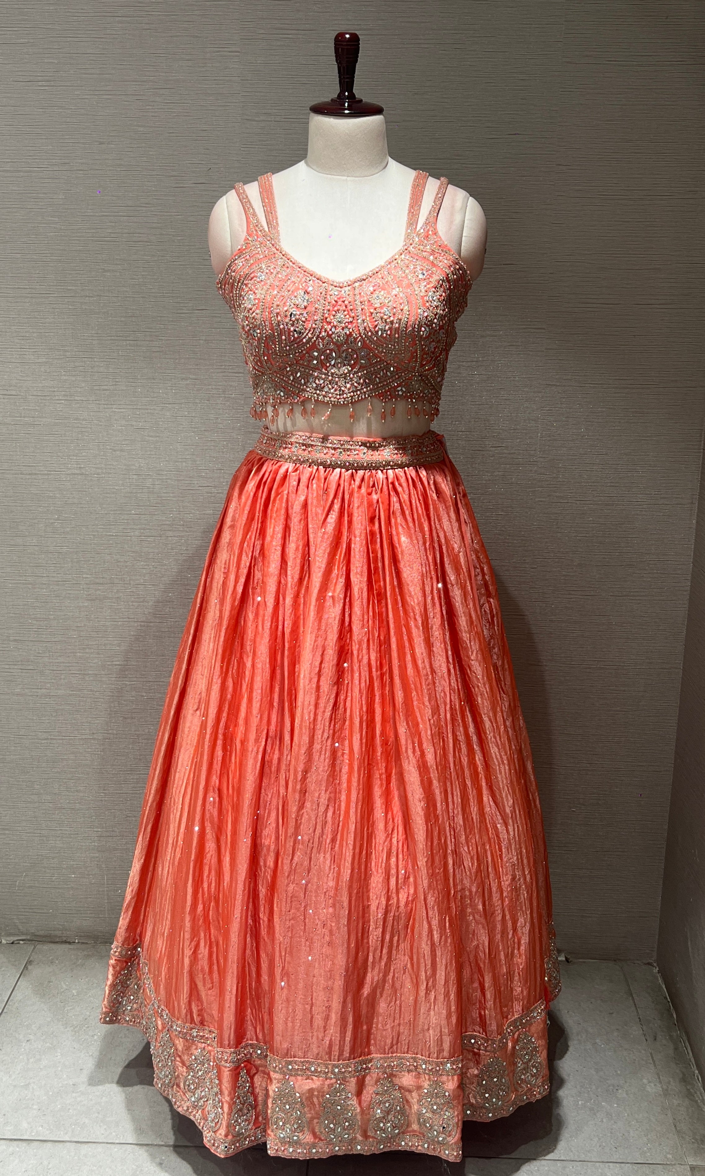 Peach embroidered silk Lehenga
