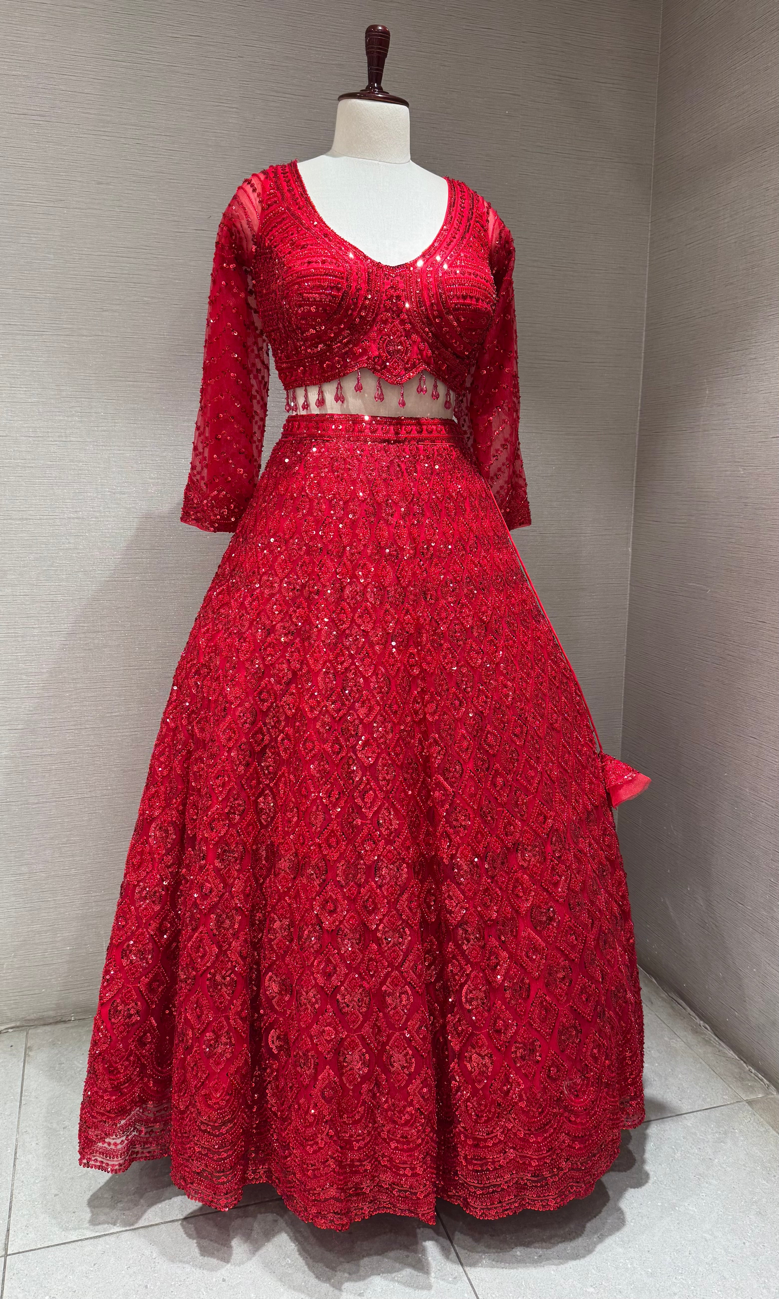Ruby Red Embellished Lehenga Choli with Sequin Net Dupatta