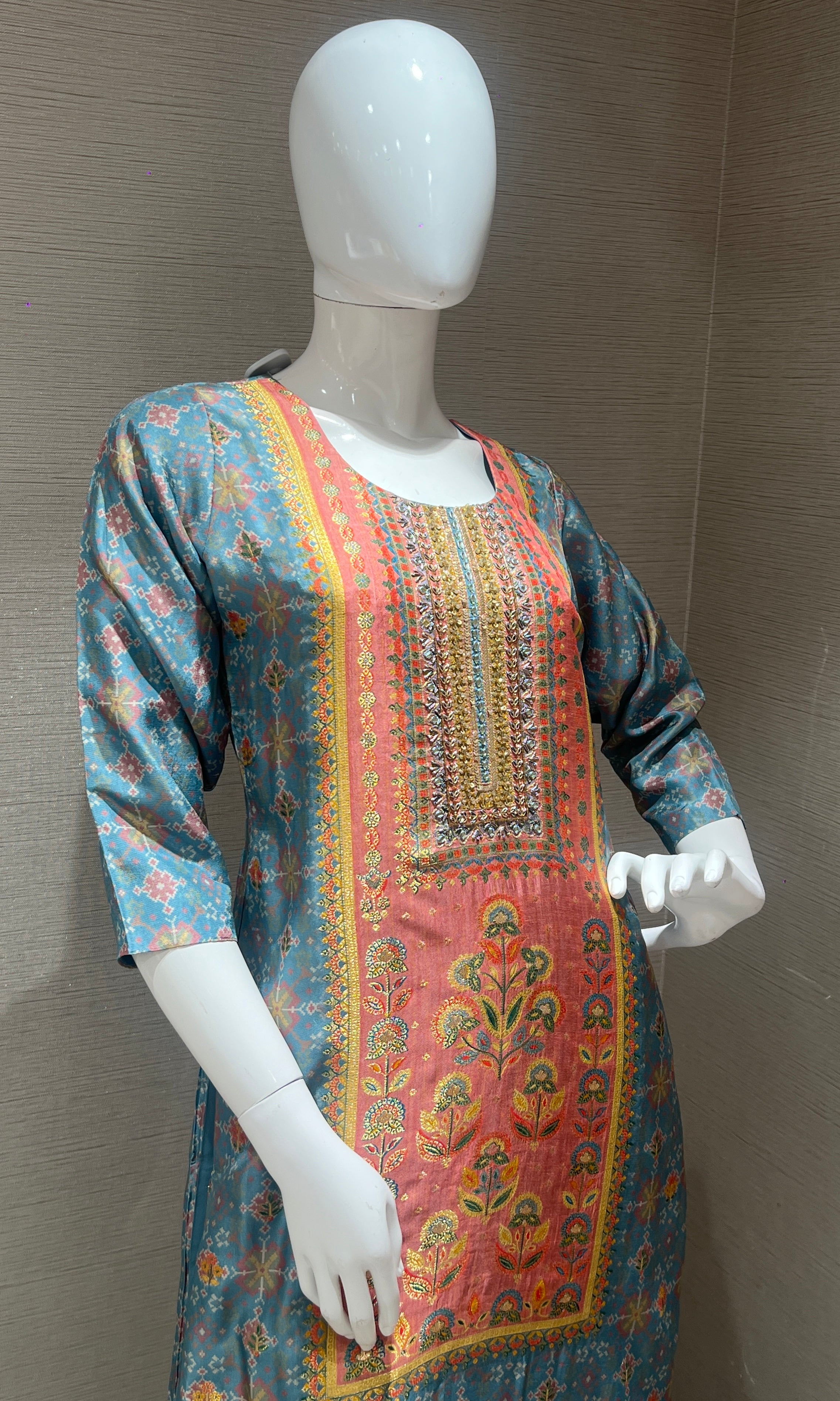 Blue and Orange Printed Kurta Set with Dupatta