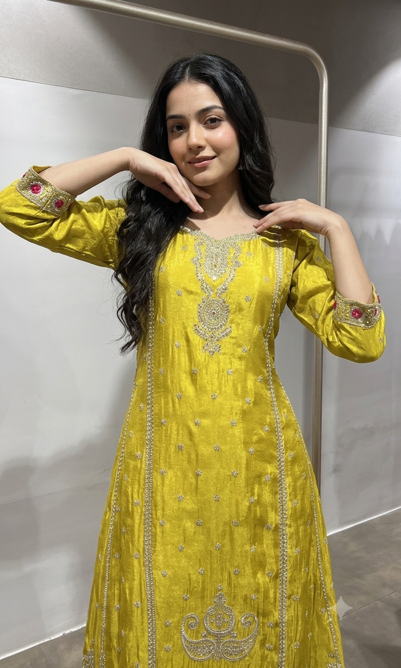Yellow Silk Embroidered Kurta Suit with Dupatta