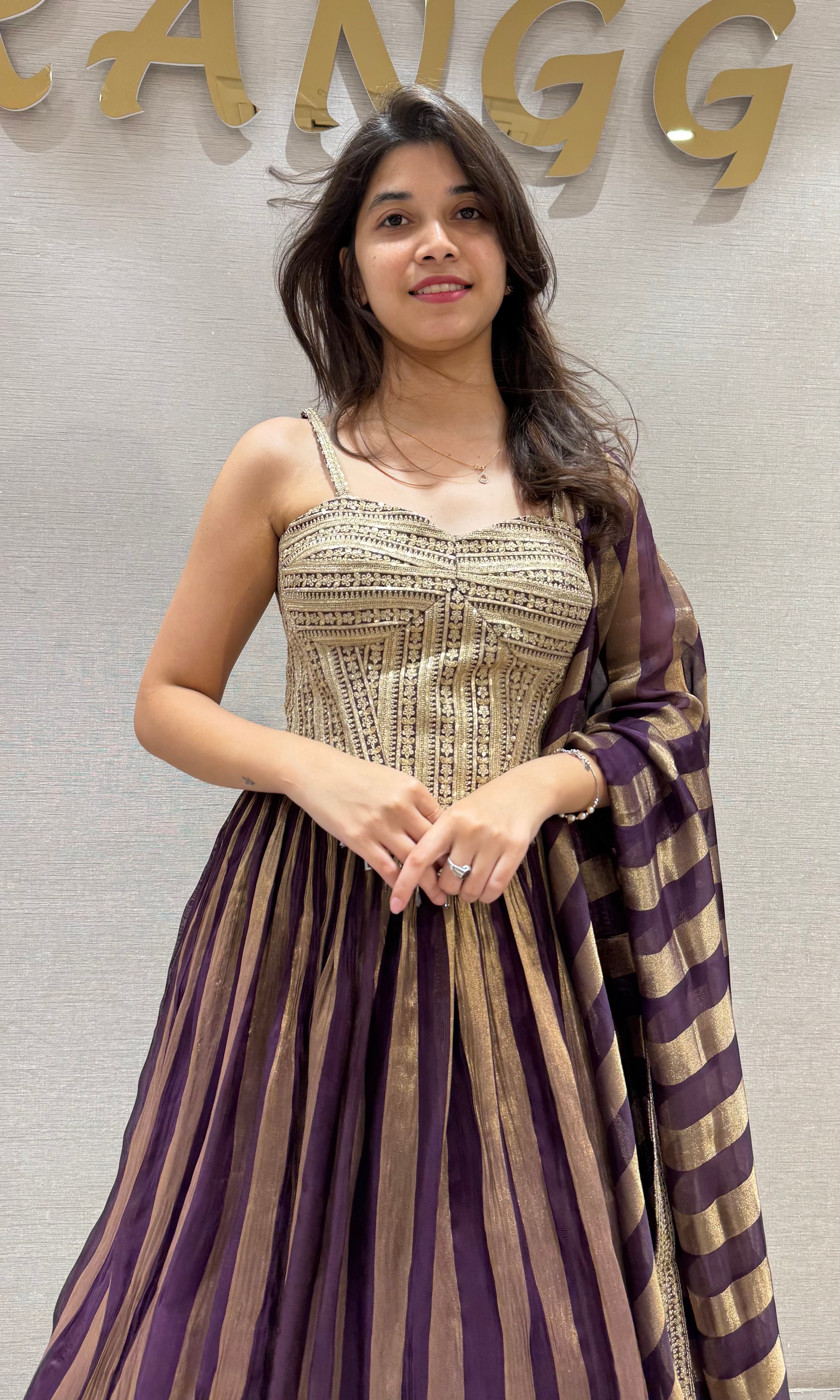 Wine & Gold Striped Corset Lehenga Set