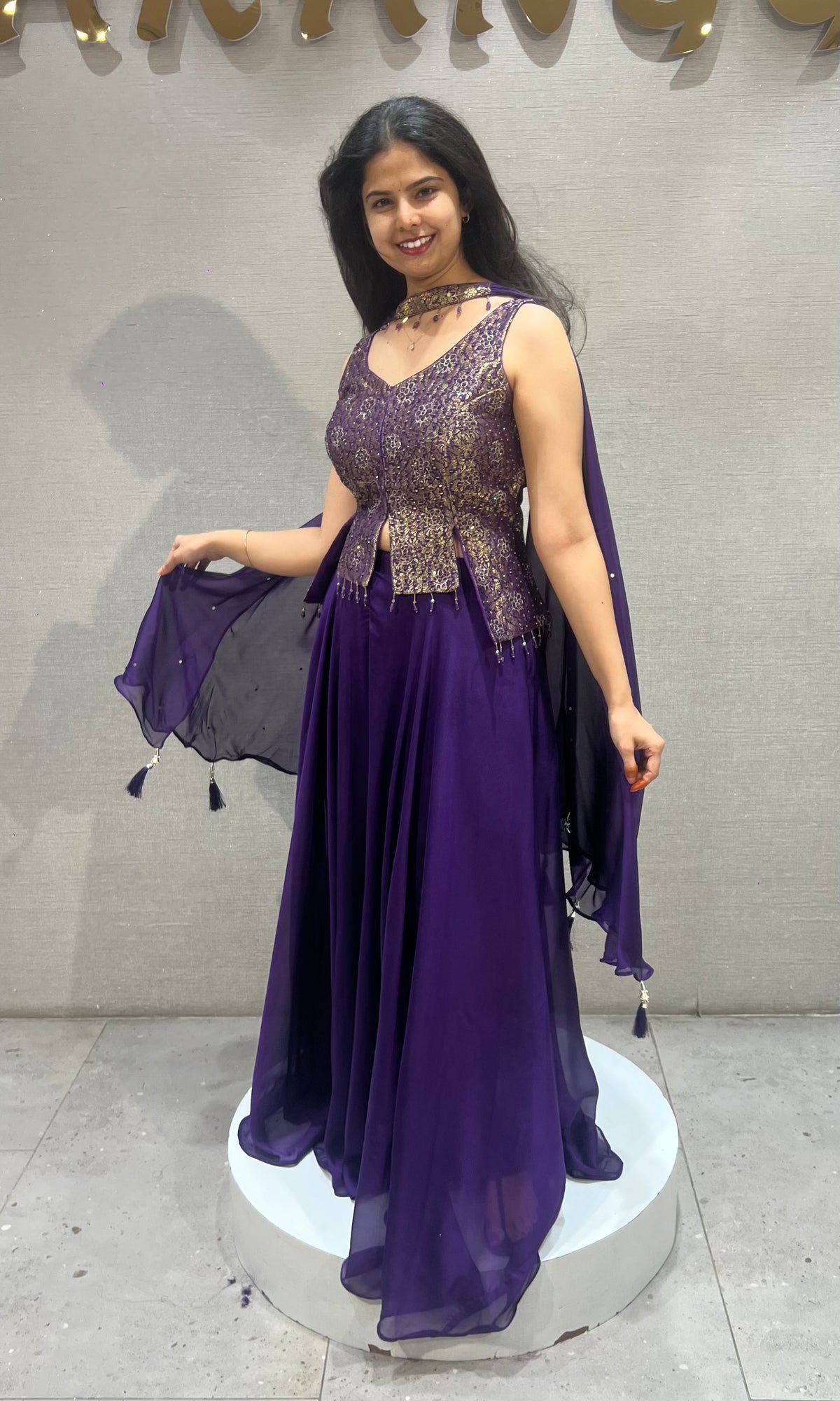 Purple silk Peplum Palazzo with Chiffon Blouse with dupatta