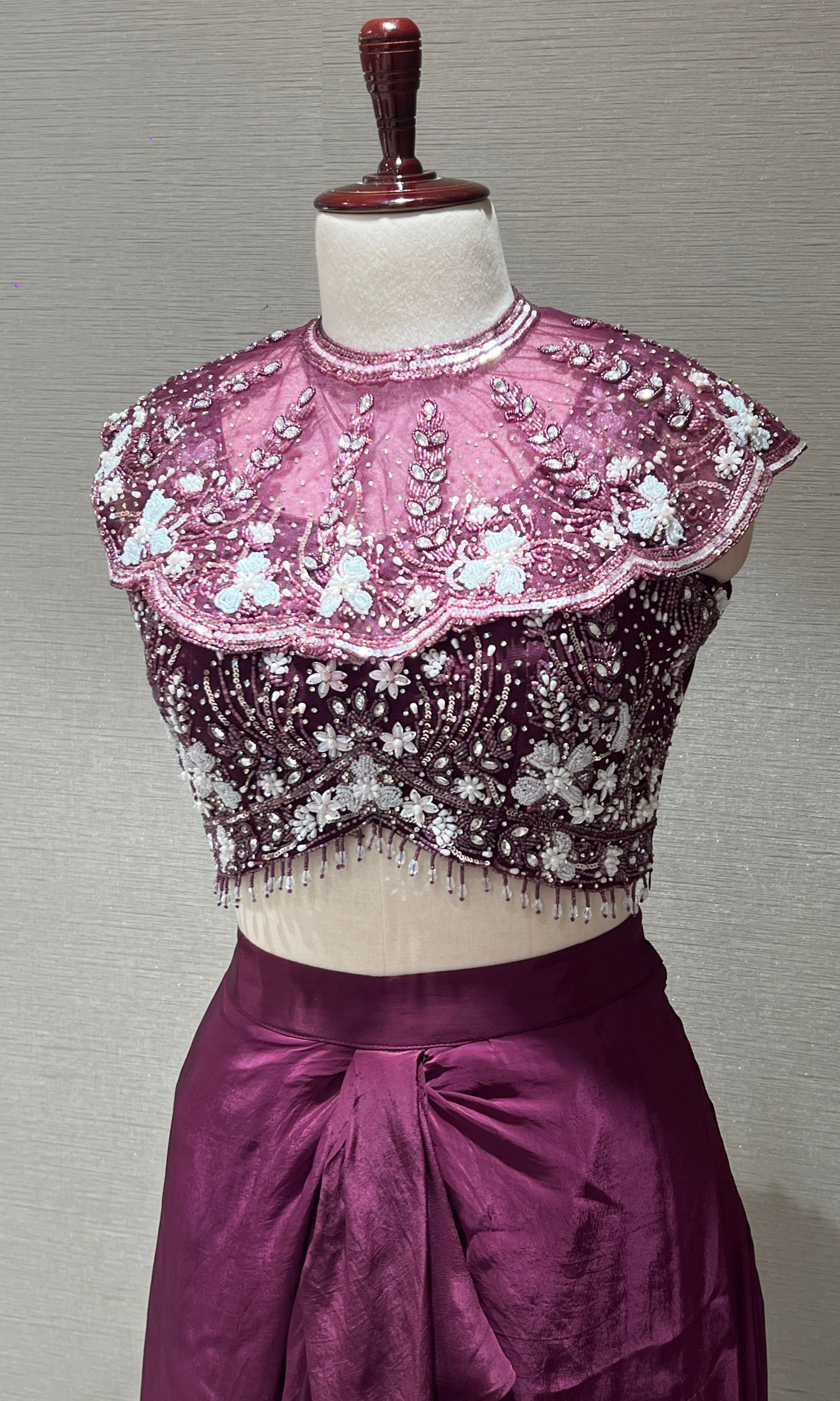 Wine Crystal Sequin BLOUSE with Ruffle Drape Skirt