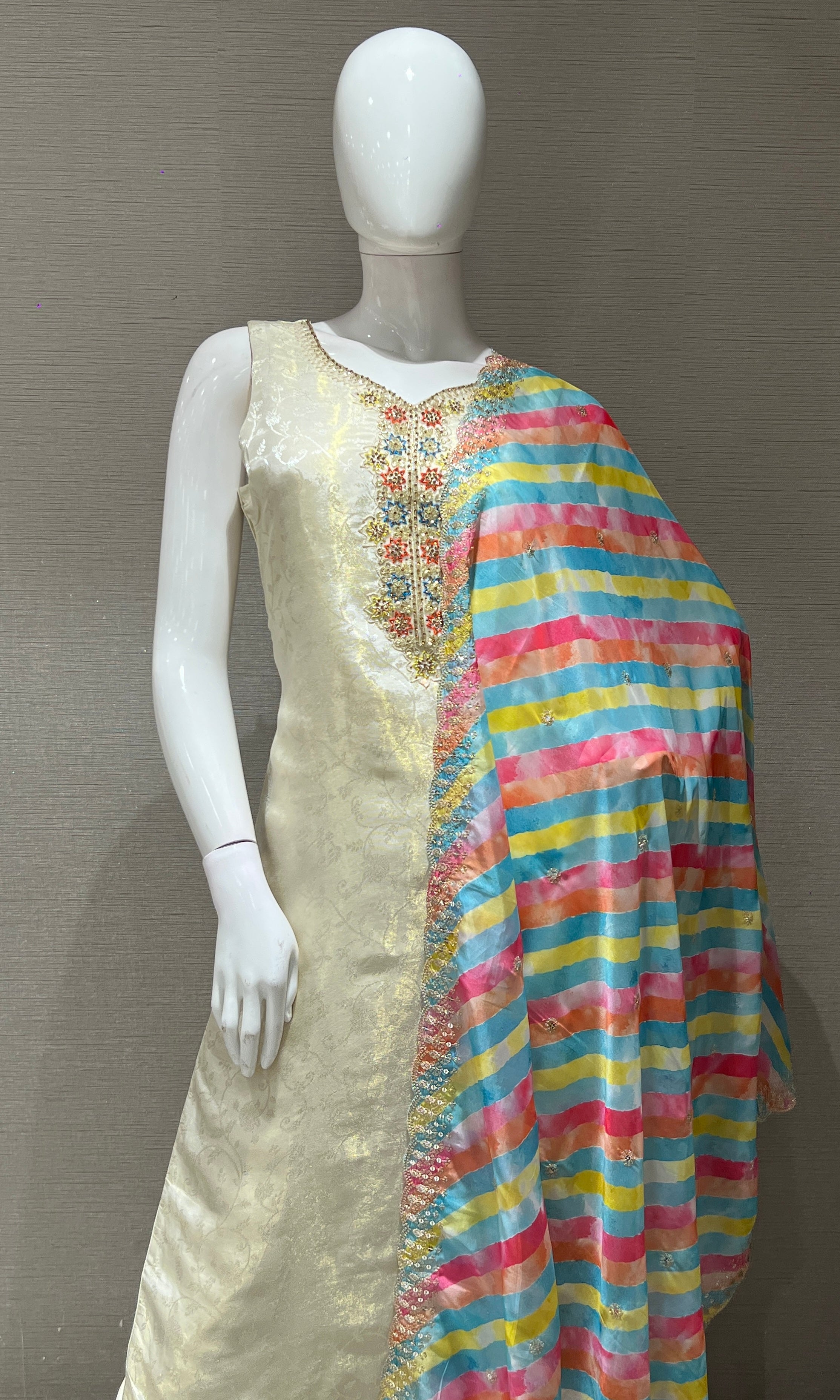 OFF white kurta set with Rainbow Dupatta