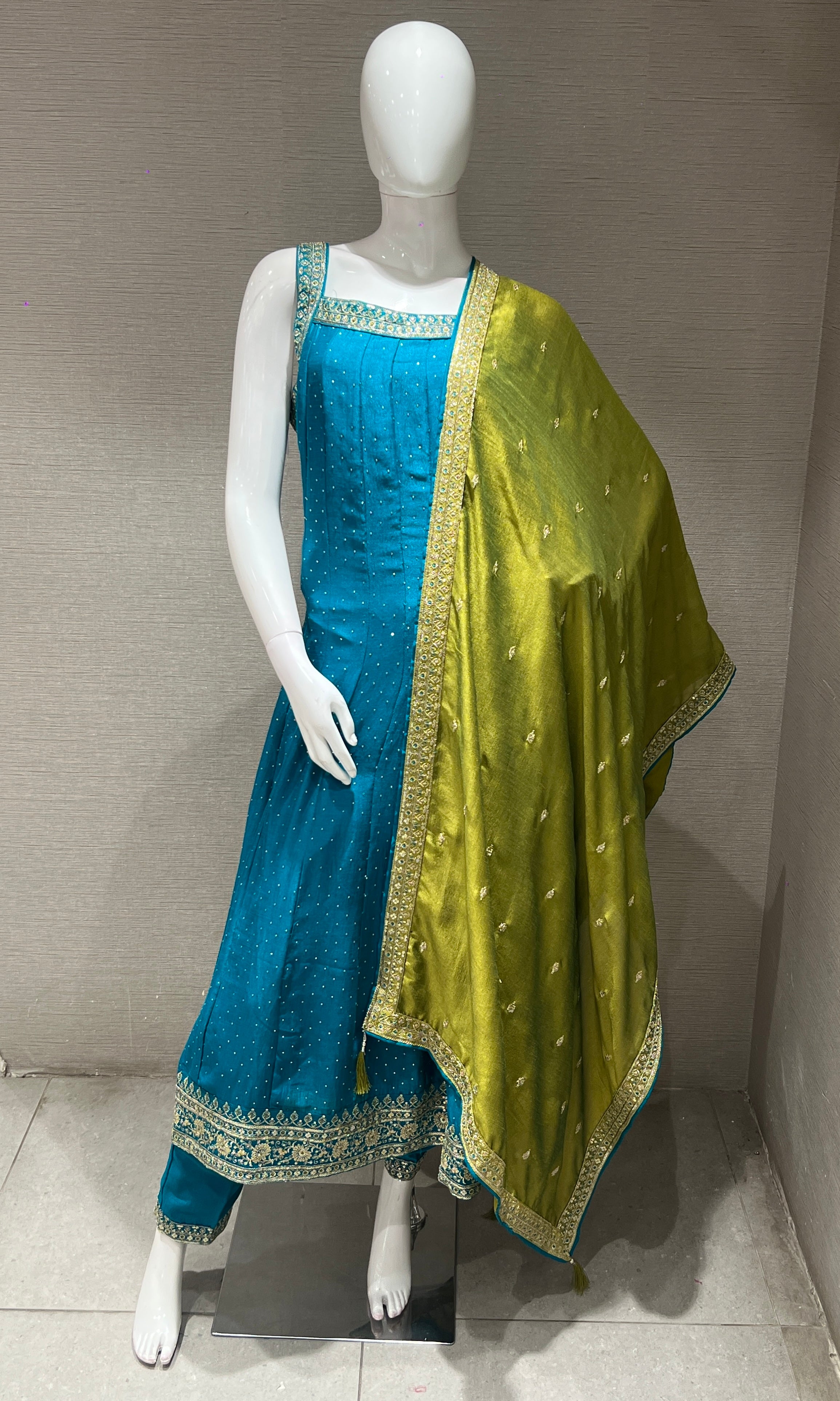 Rama blue kurta set with contrast dupatta