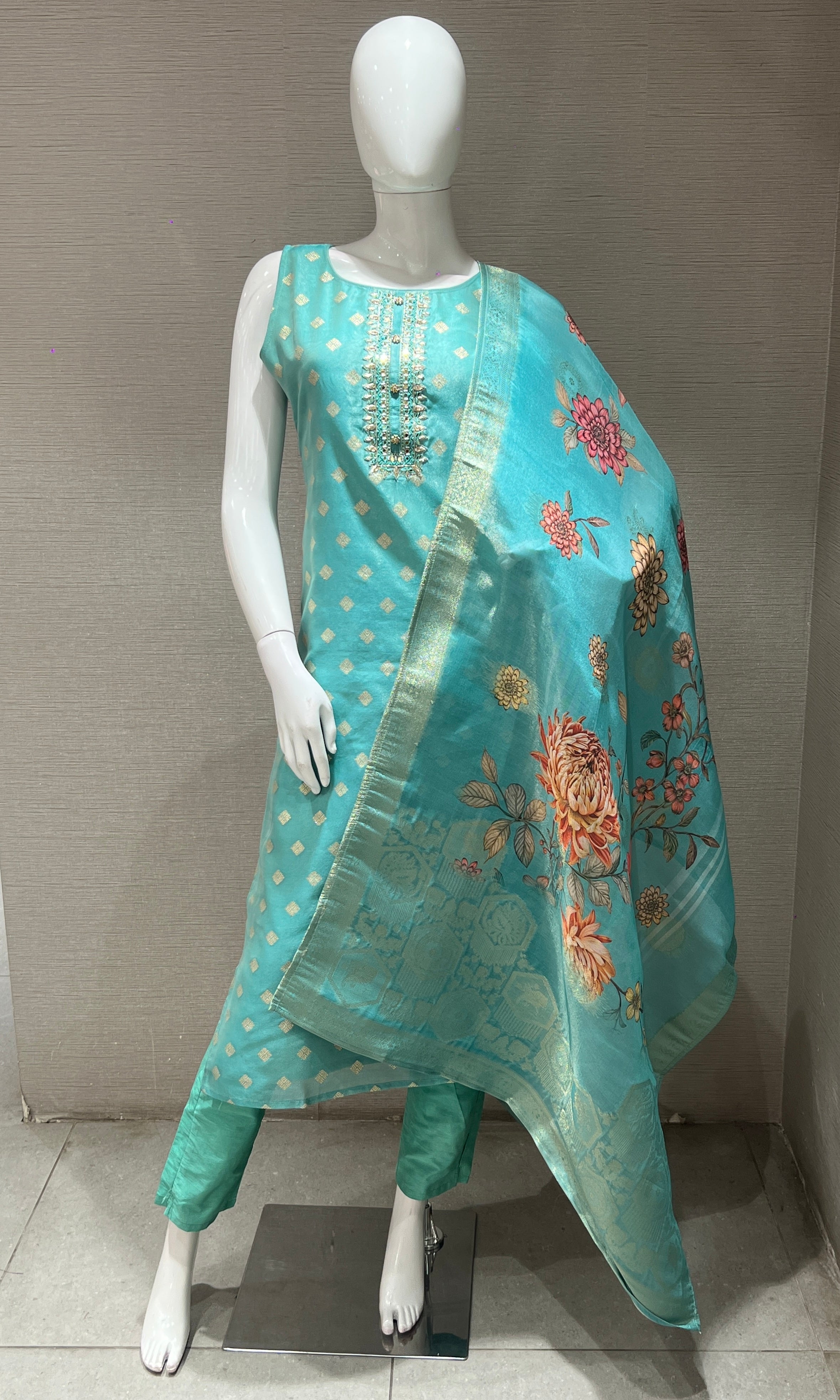 Sea green kurta set with floral dupatta