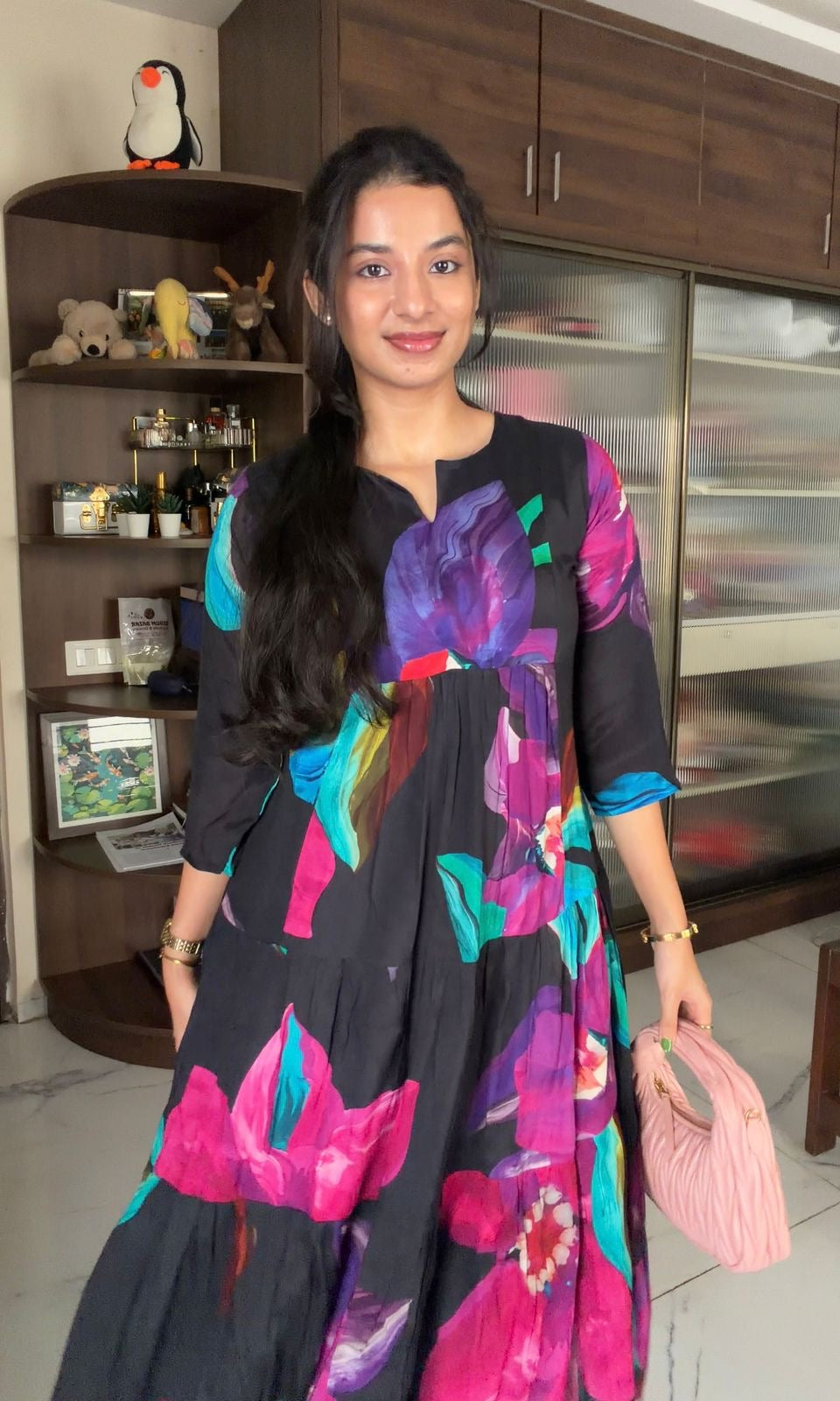 BLACK dress with vibrant FLORALS