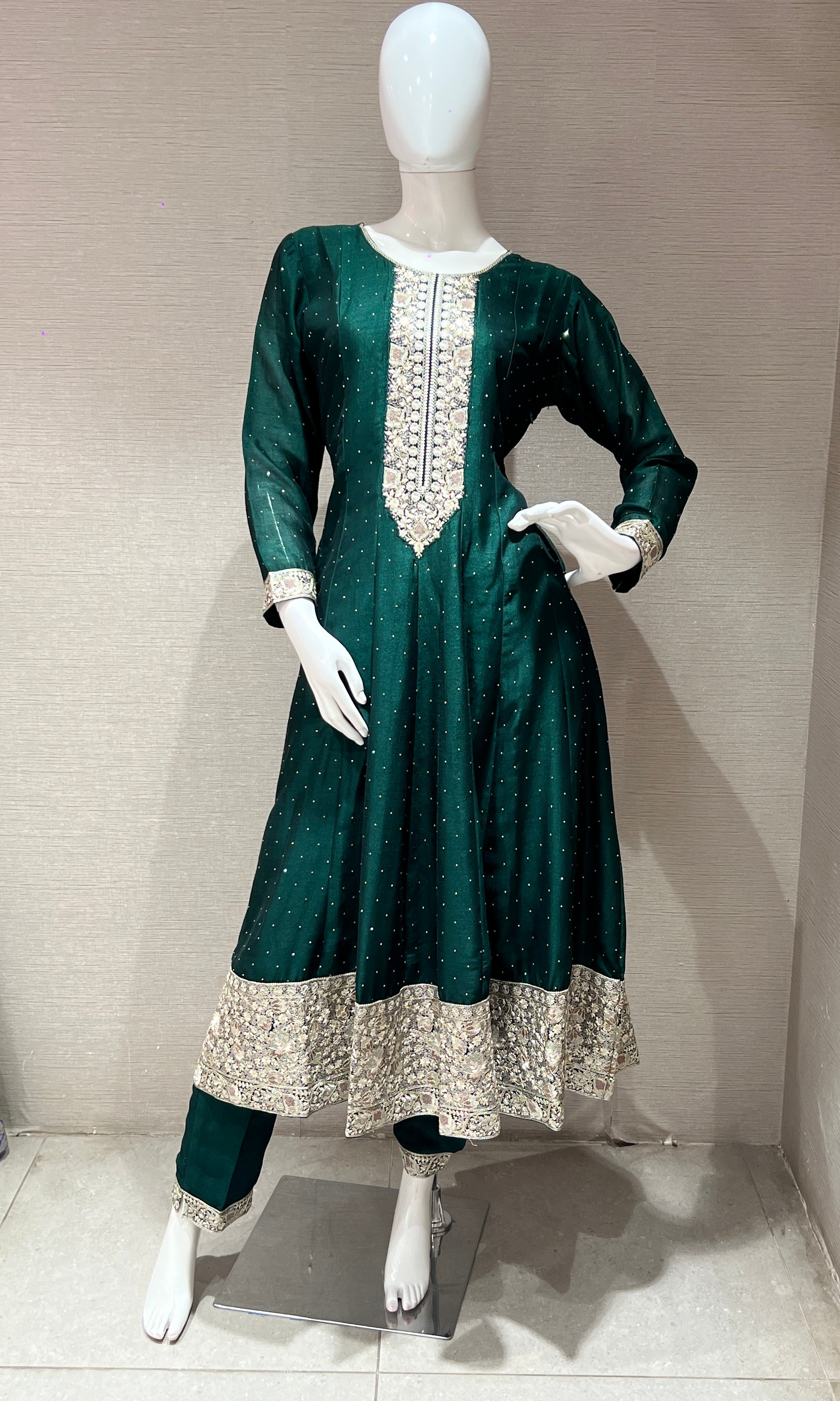 Emerald Green Anarkali with embroidered Dupatta, kurta set
