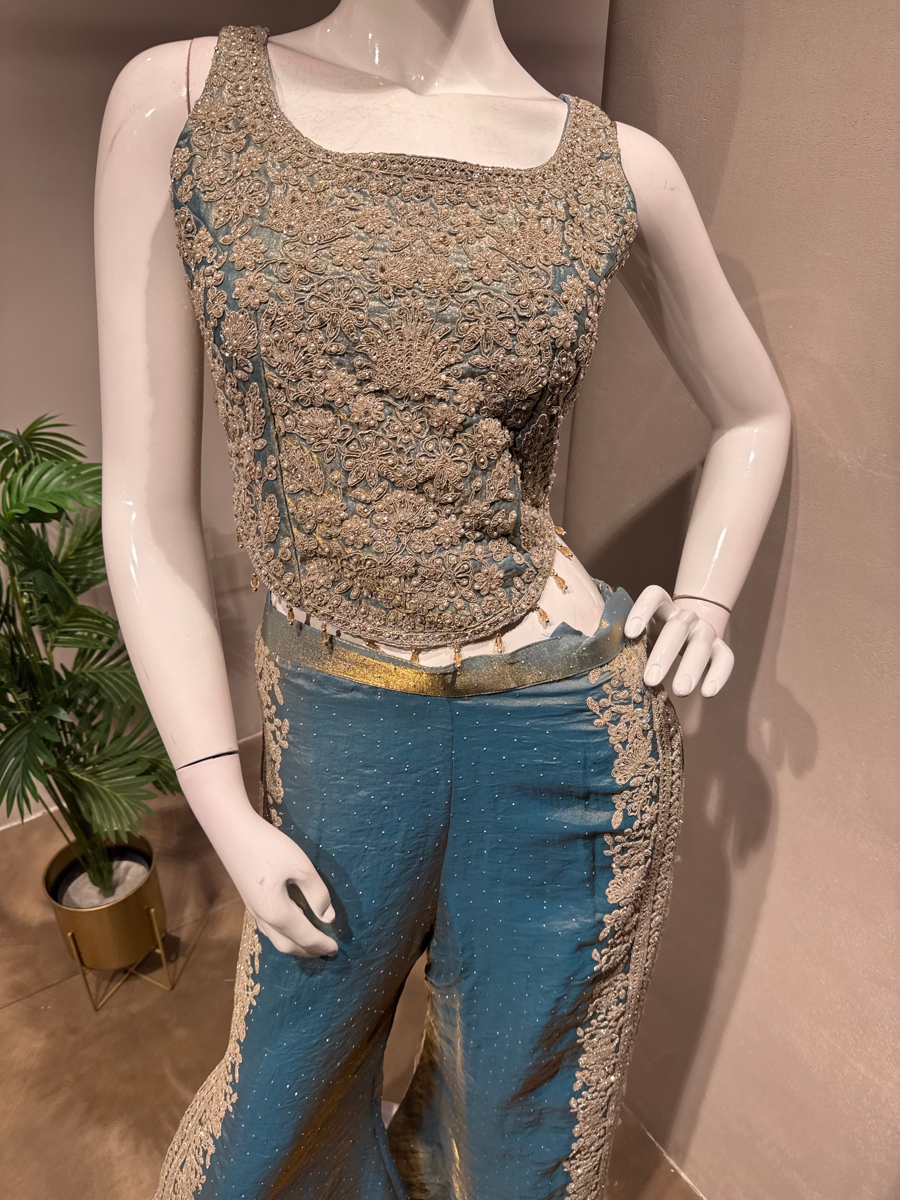 Blue golden Embroidered Tissue palazzo Set