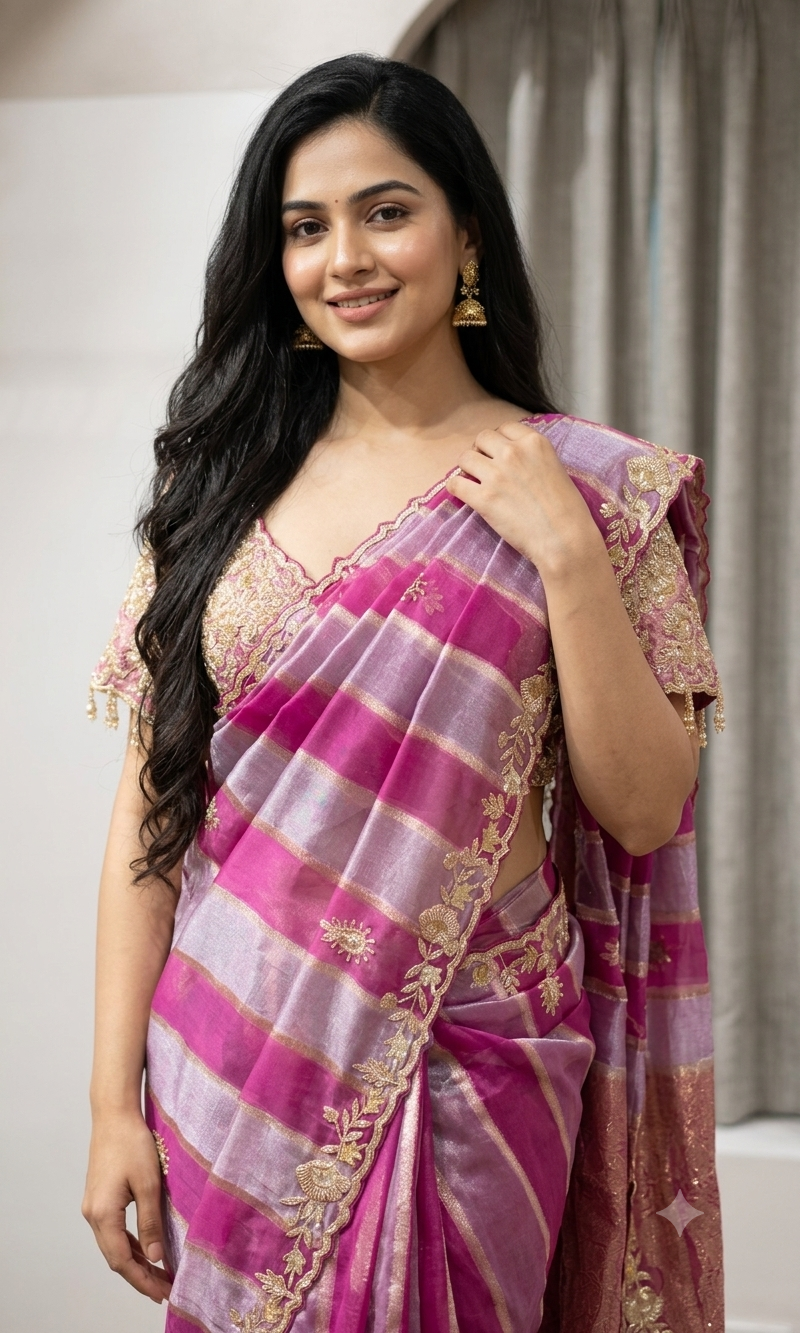WINE Leheriya saree with embroidered blouse