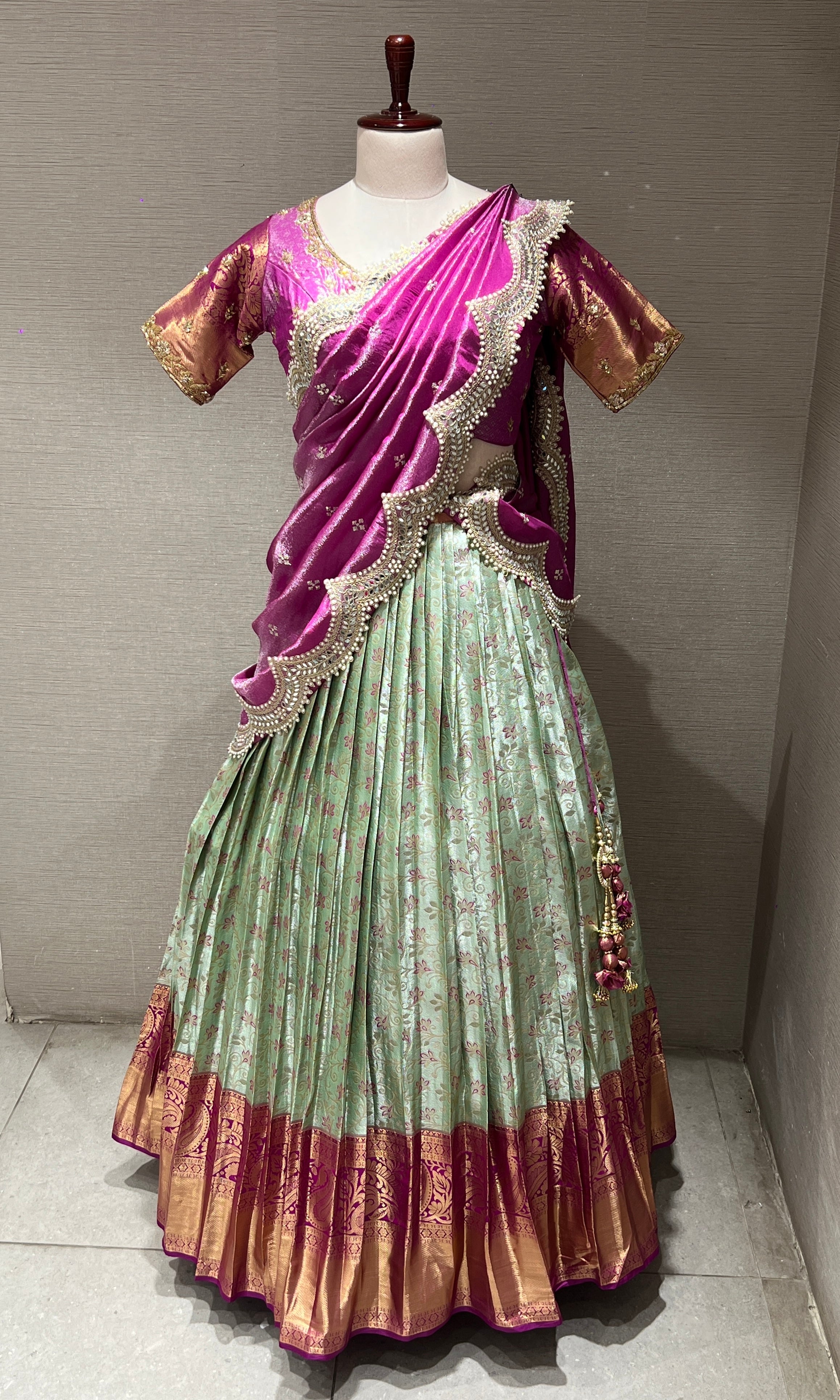 pink Lehenga with Pastel Mint Floral Weave