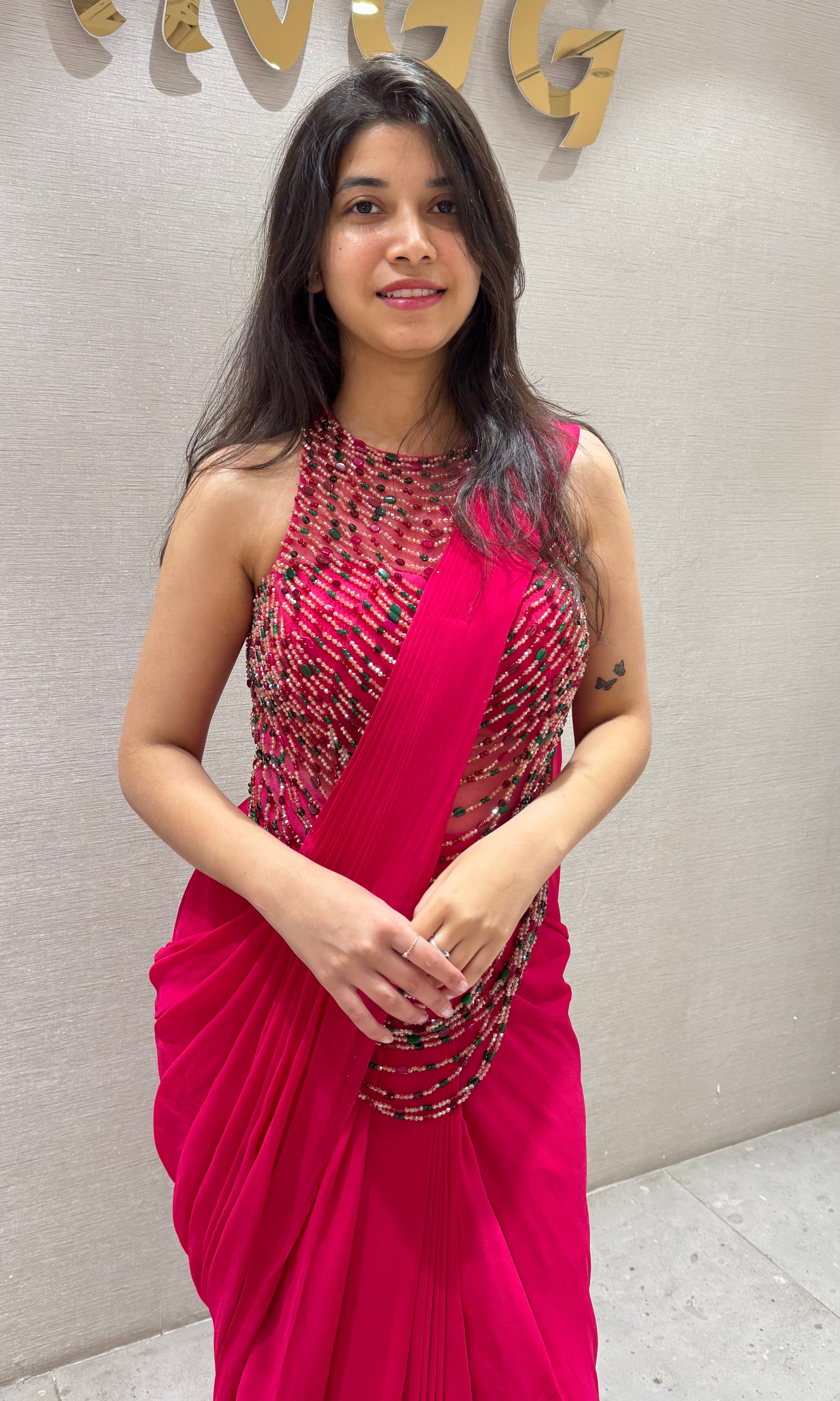 Pink DRAPE SAREE WITH HALTER BLOUSE