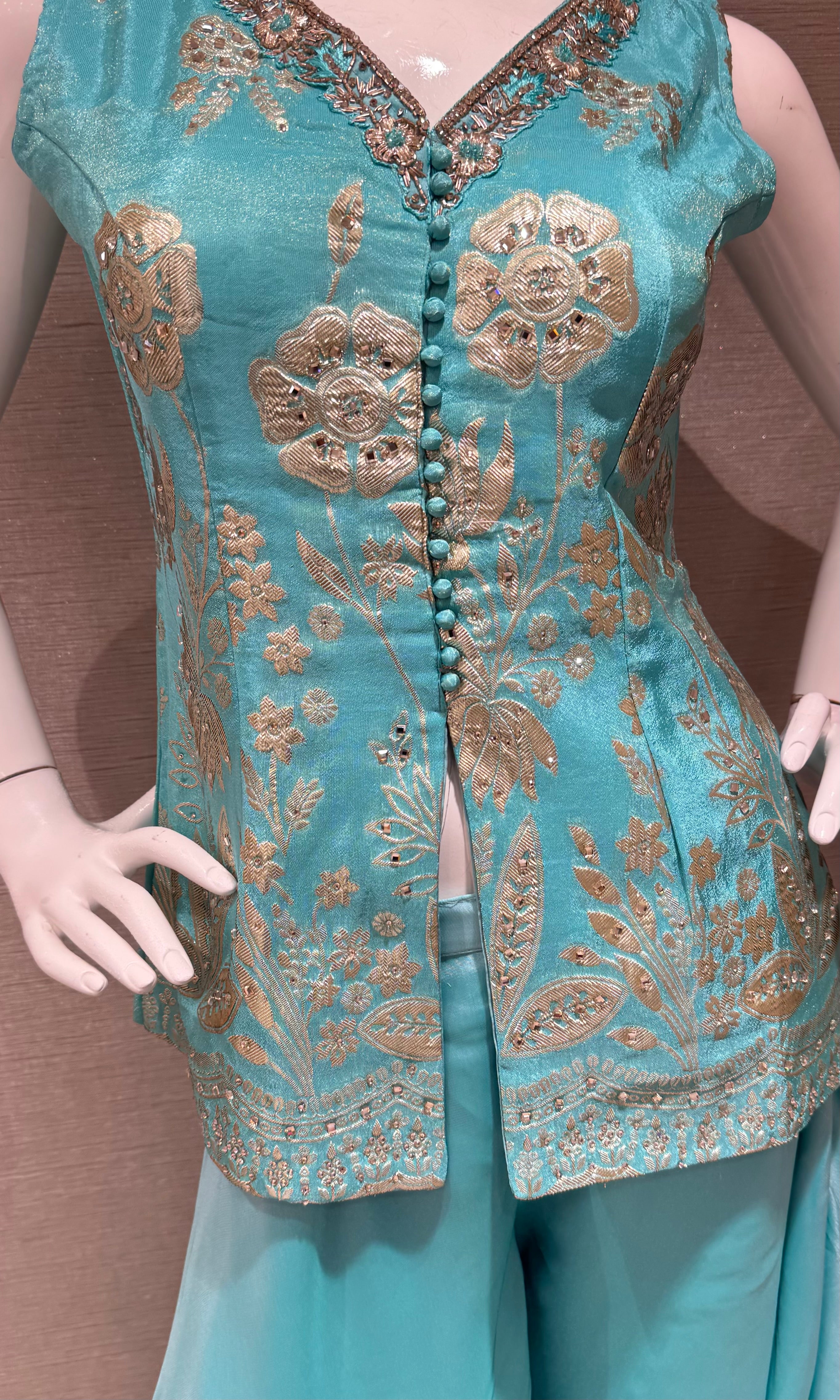 Sea Blue embroidered short peplum palazzo set