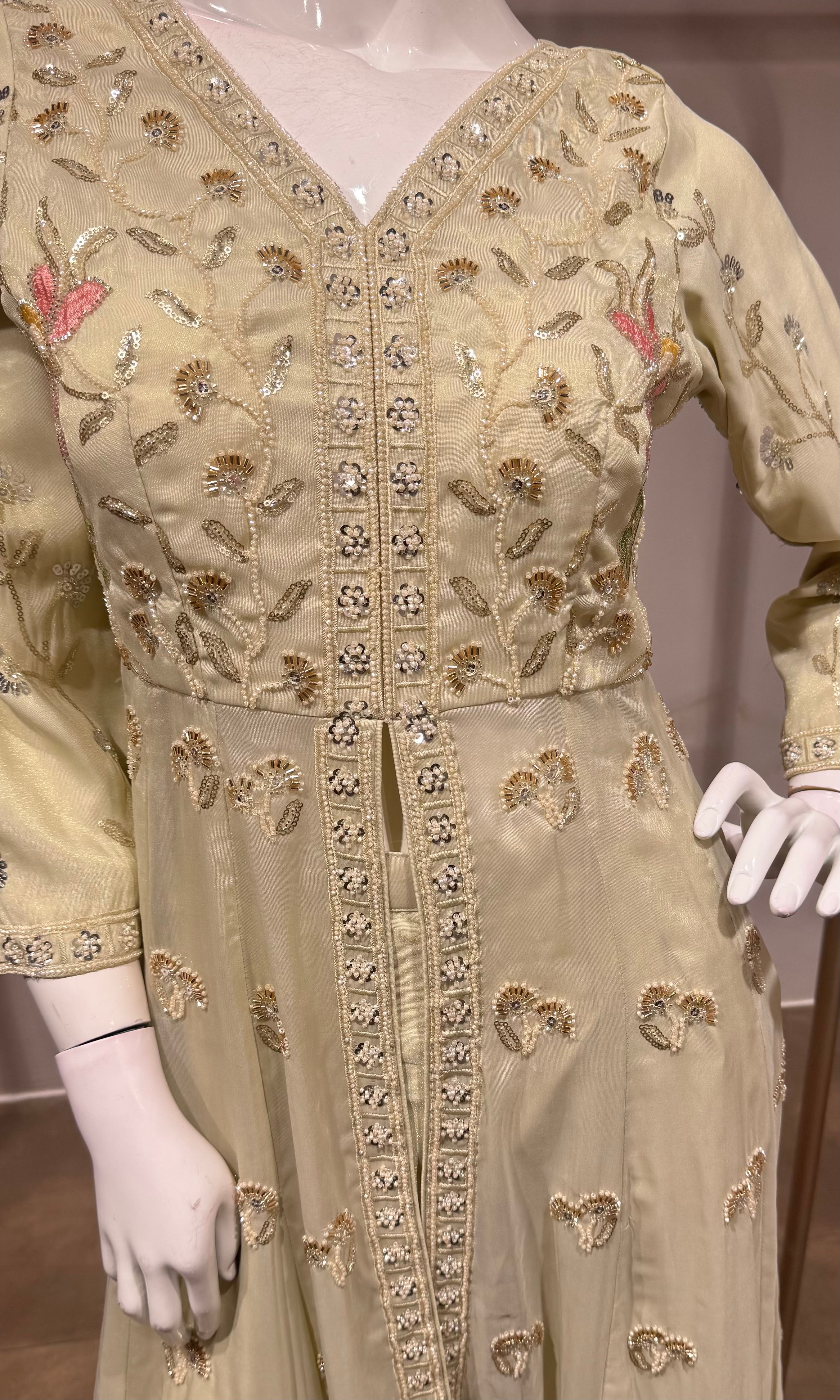 cream embroidered front-slit anarkali set