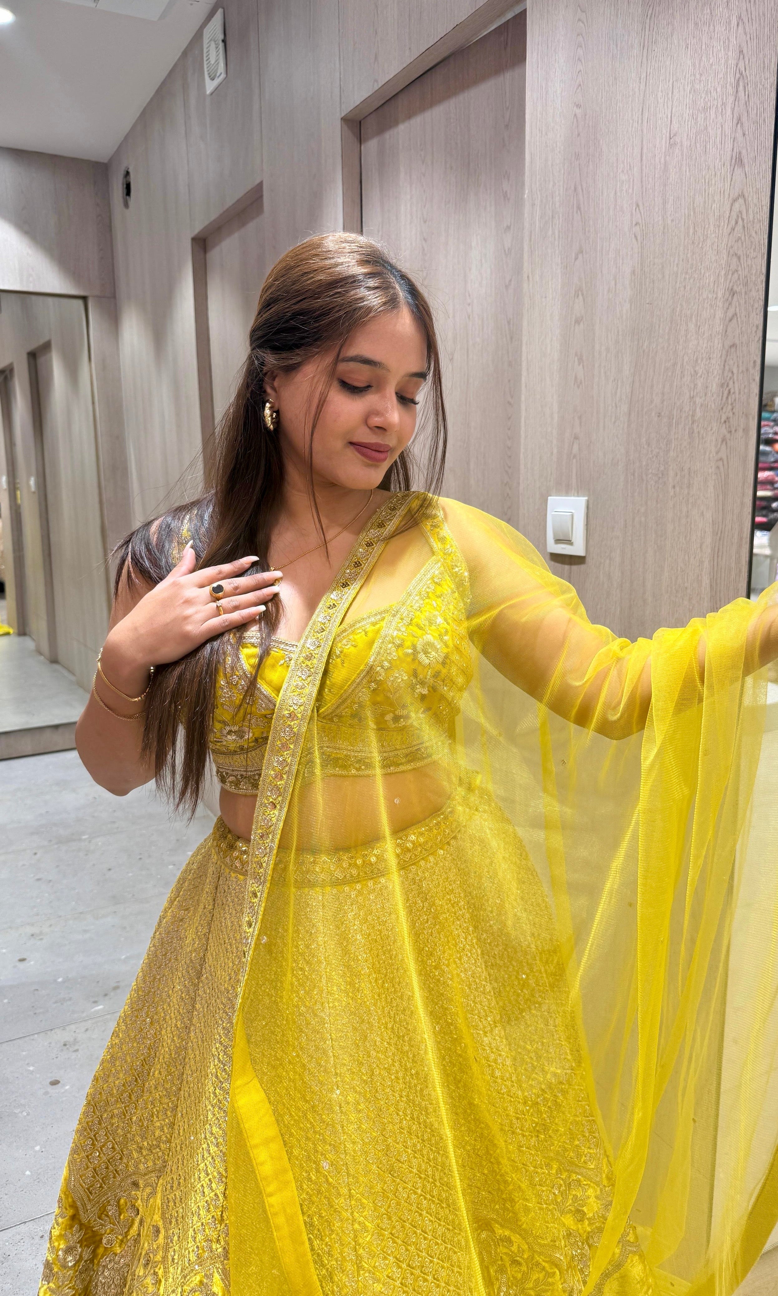 Yellow Pure Velvet Lehenga with Antique Gold Zardozi Work
