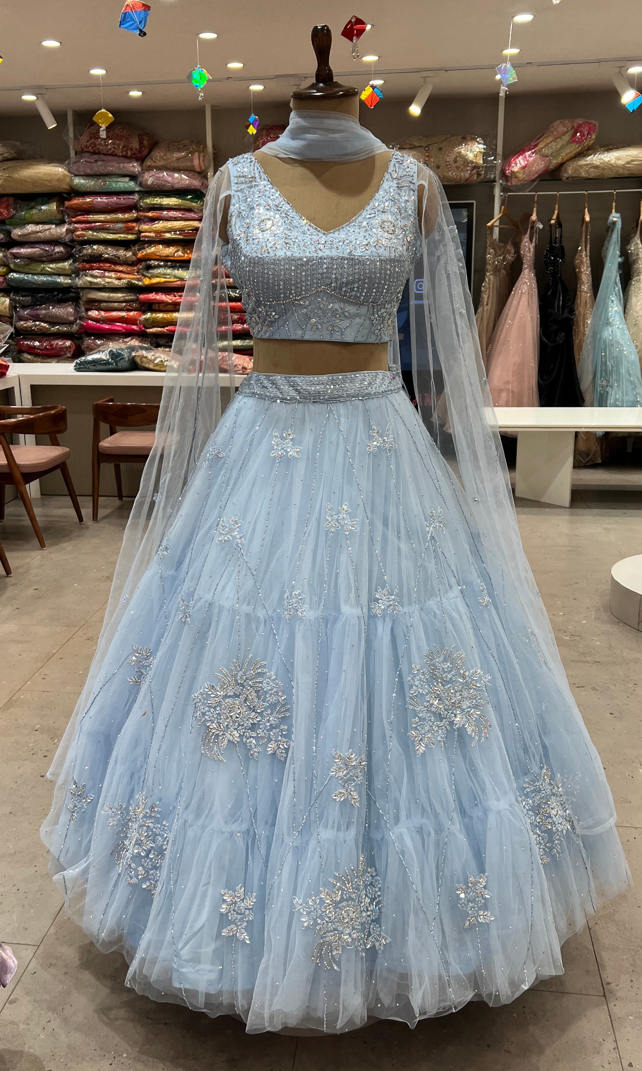 LIGHT Blue Floral Embroidered Net Lehenga