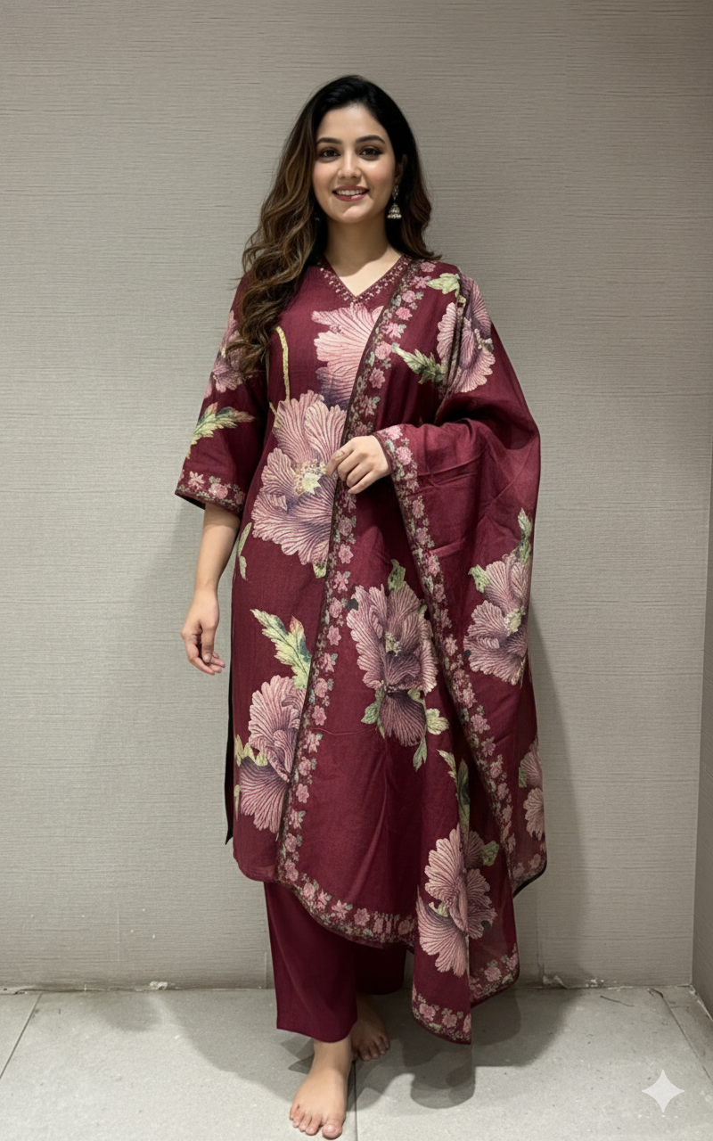 Wine ETHNIC FLORAL PRINTED kurta set
