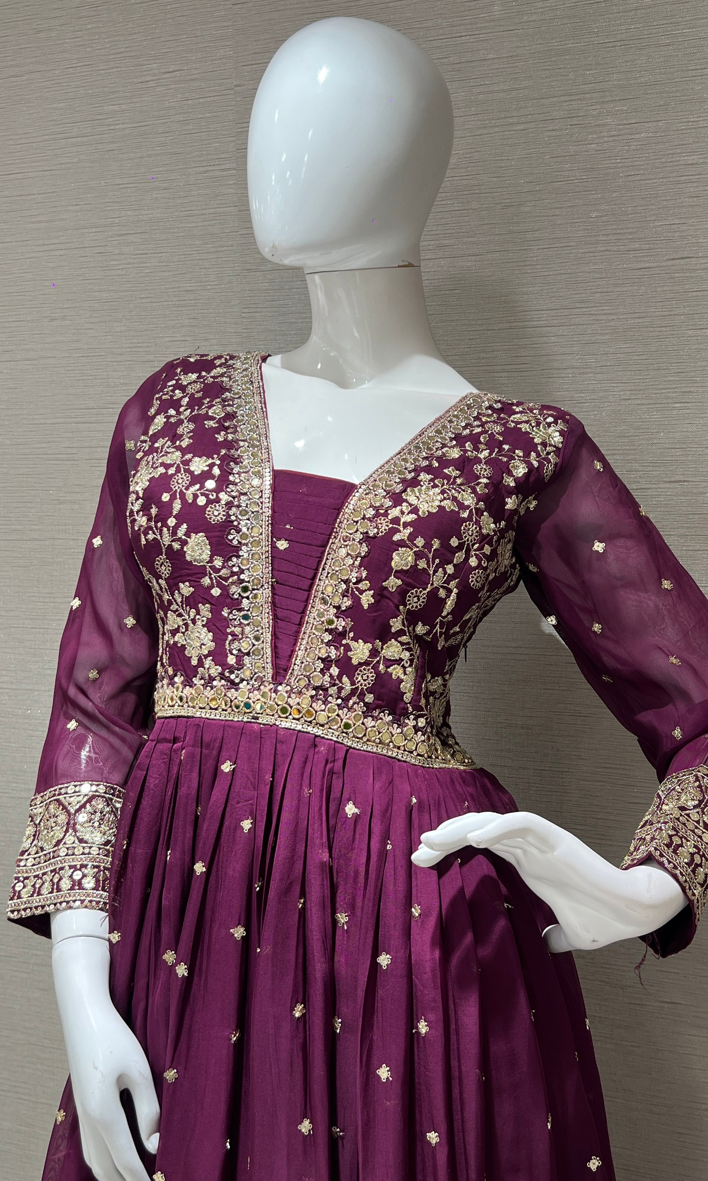 wine long anarkali with gold embroidered