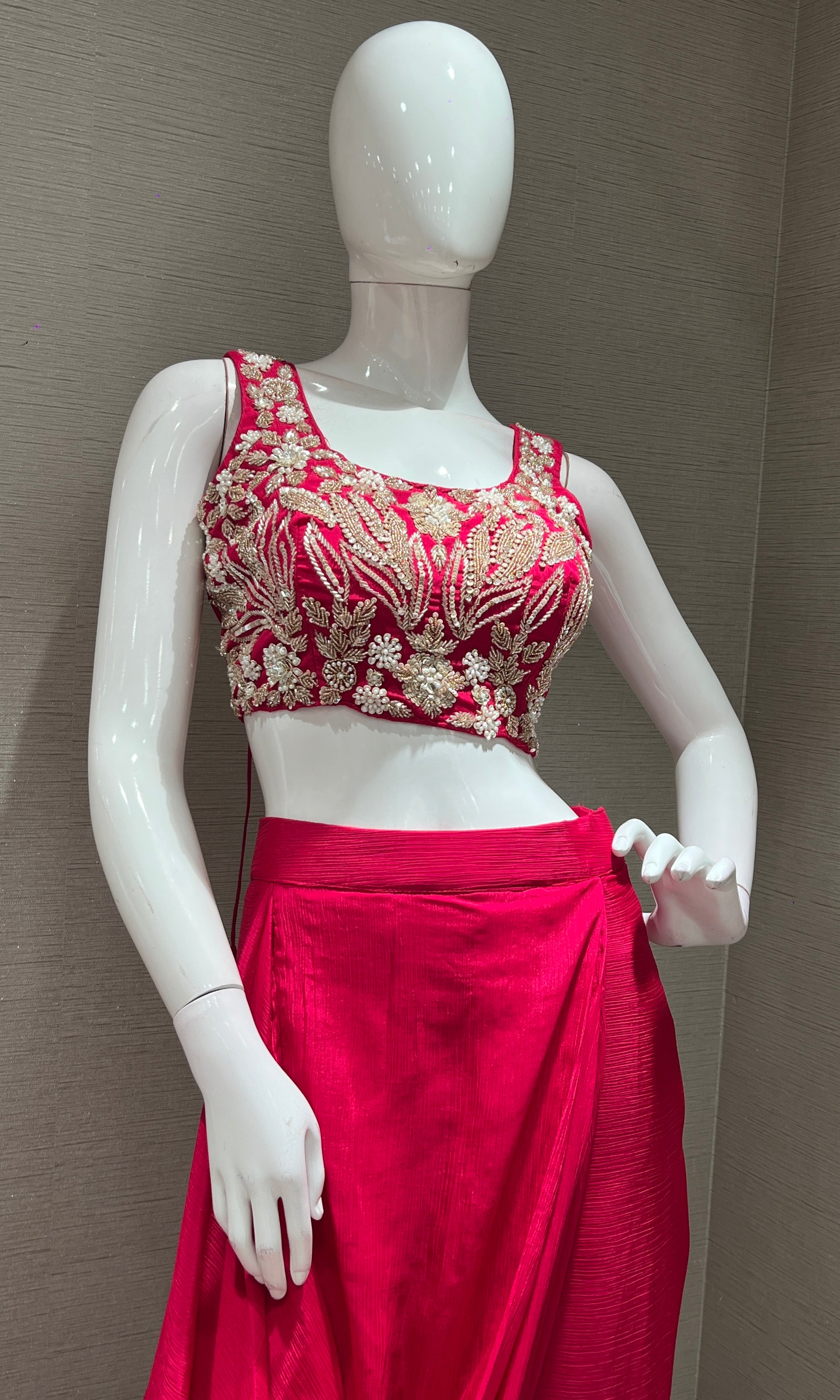 PINK EMBROIDERED BLOUSE with draped skirt & cape