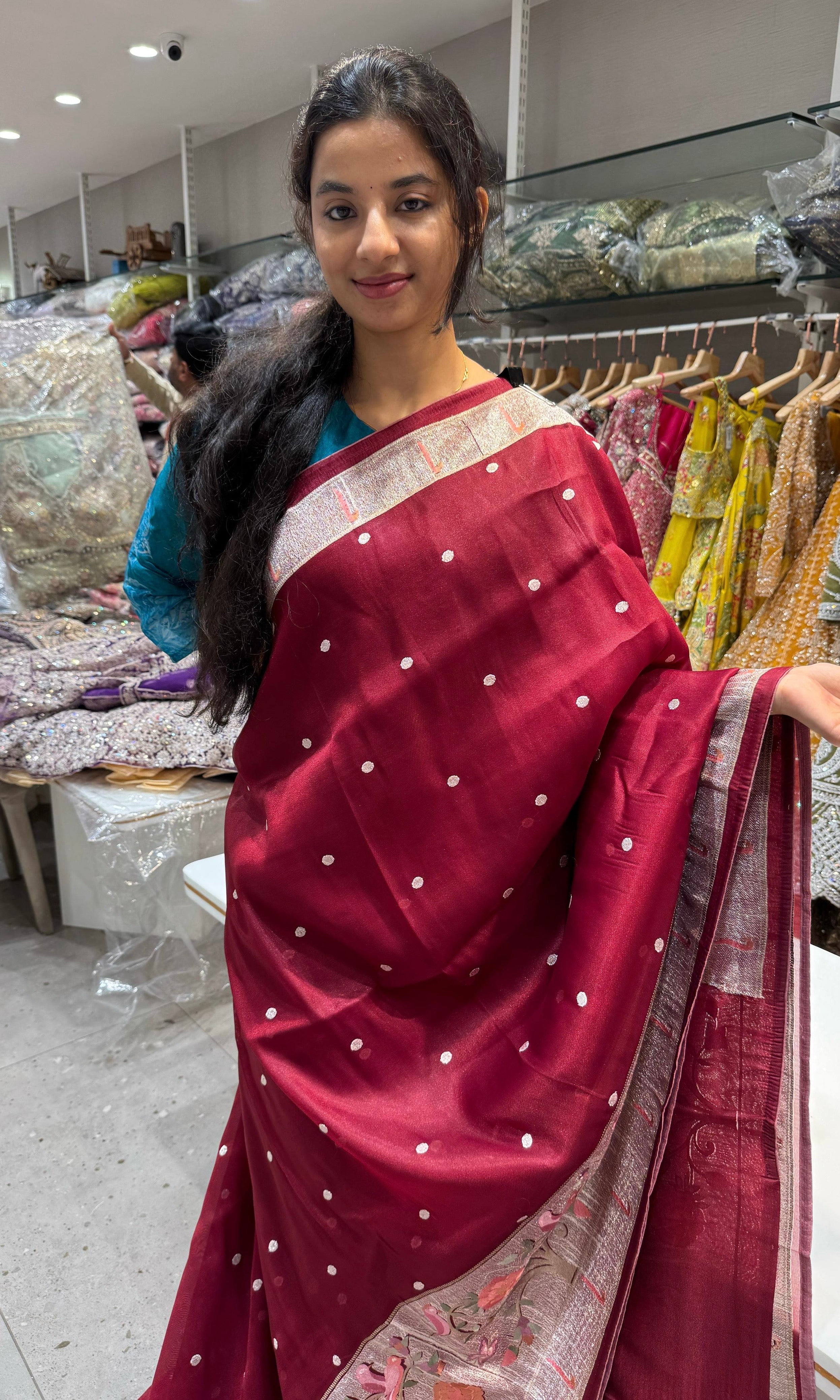 Maroon Soft tissue sarees with paithani embroidery with buta design