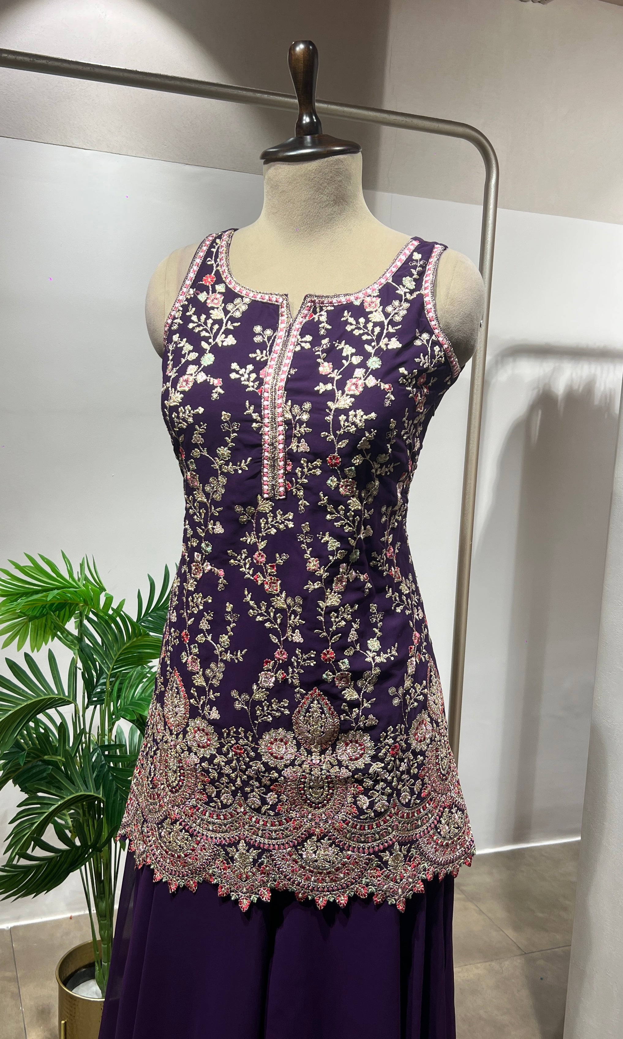 Wine Sequin & Zari Embroidered Sharara Suit