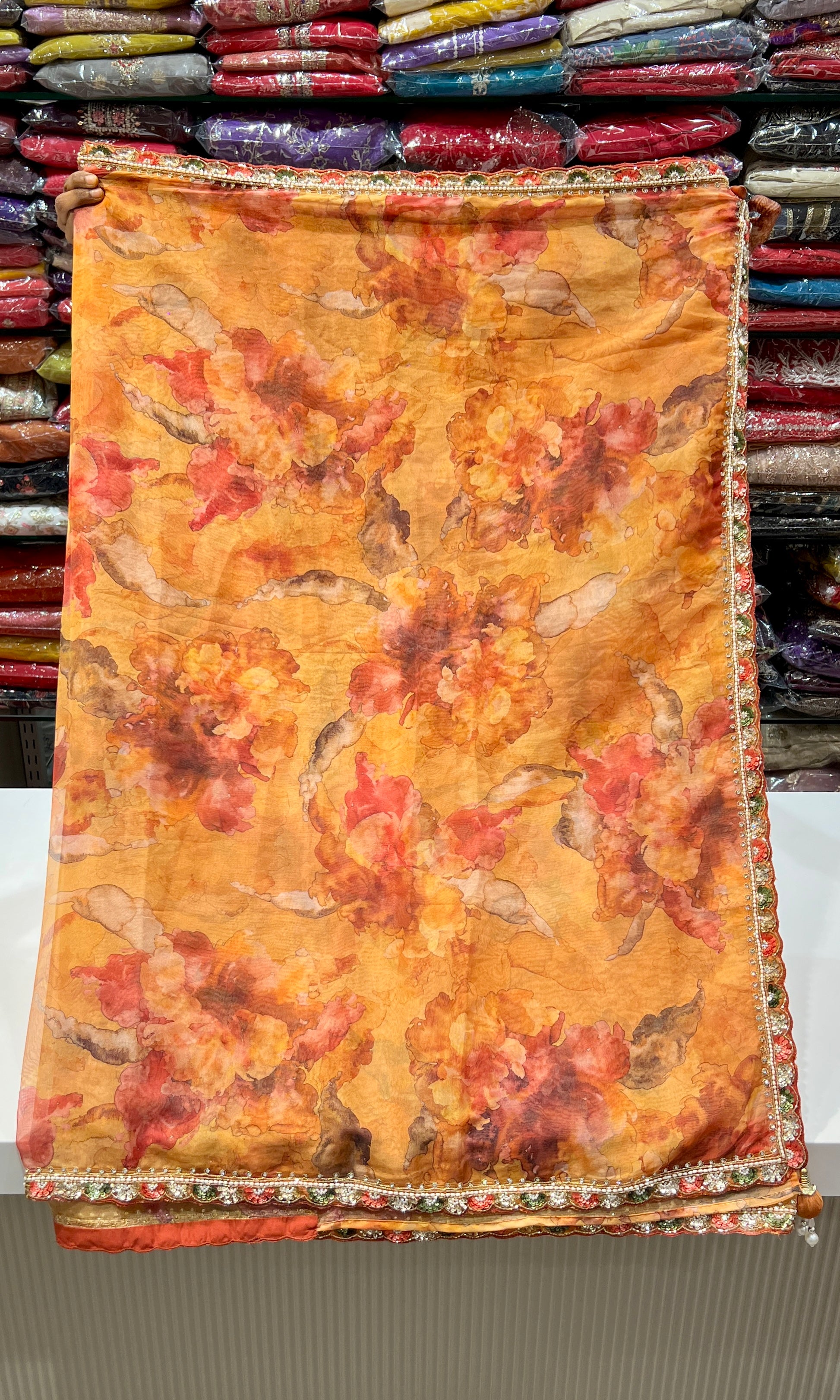 Rust floral saree with ready blouse