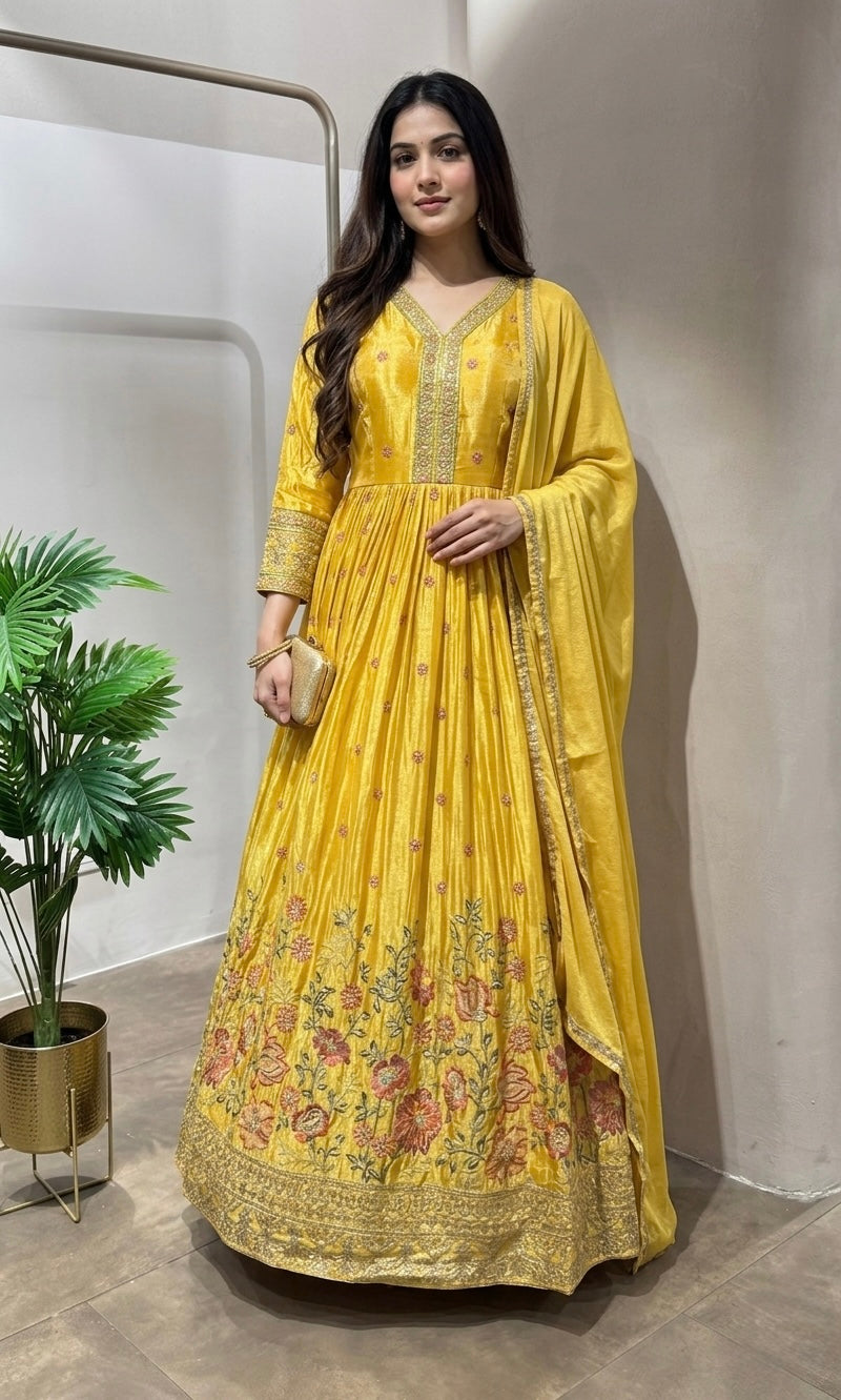 YELLOW SHIMMER TISSUE EMBROIDERY ANARAKALI