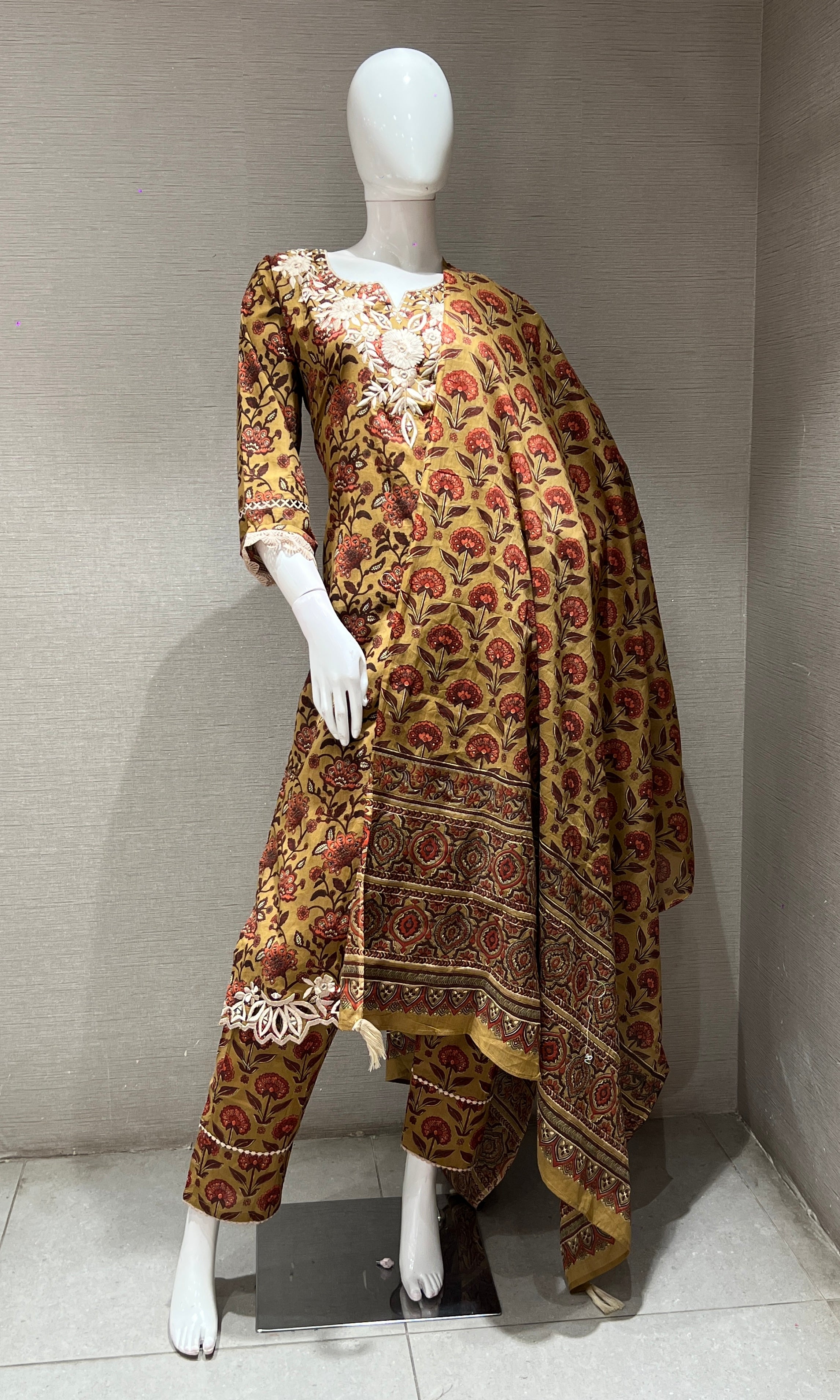 MUSTARD YELLOW printed EMBROIDERED KURTA SET