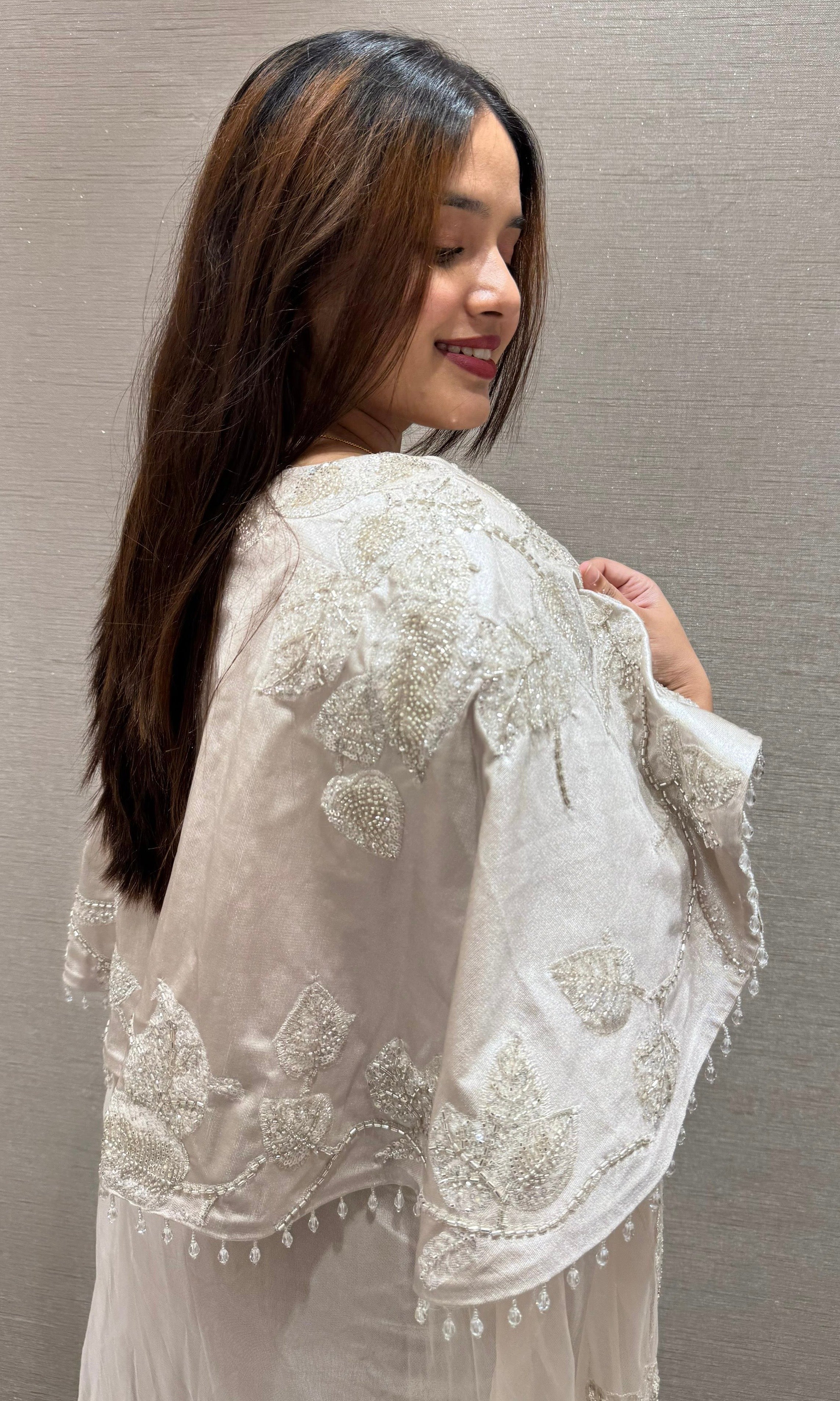 Ivory Embellished Drape Saree with Cape