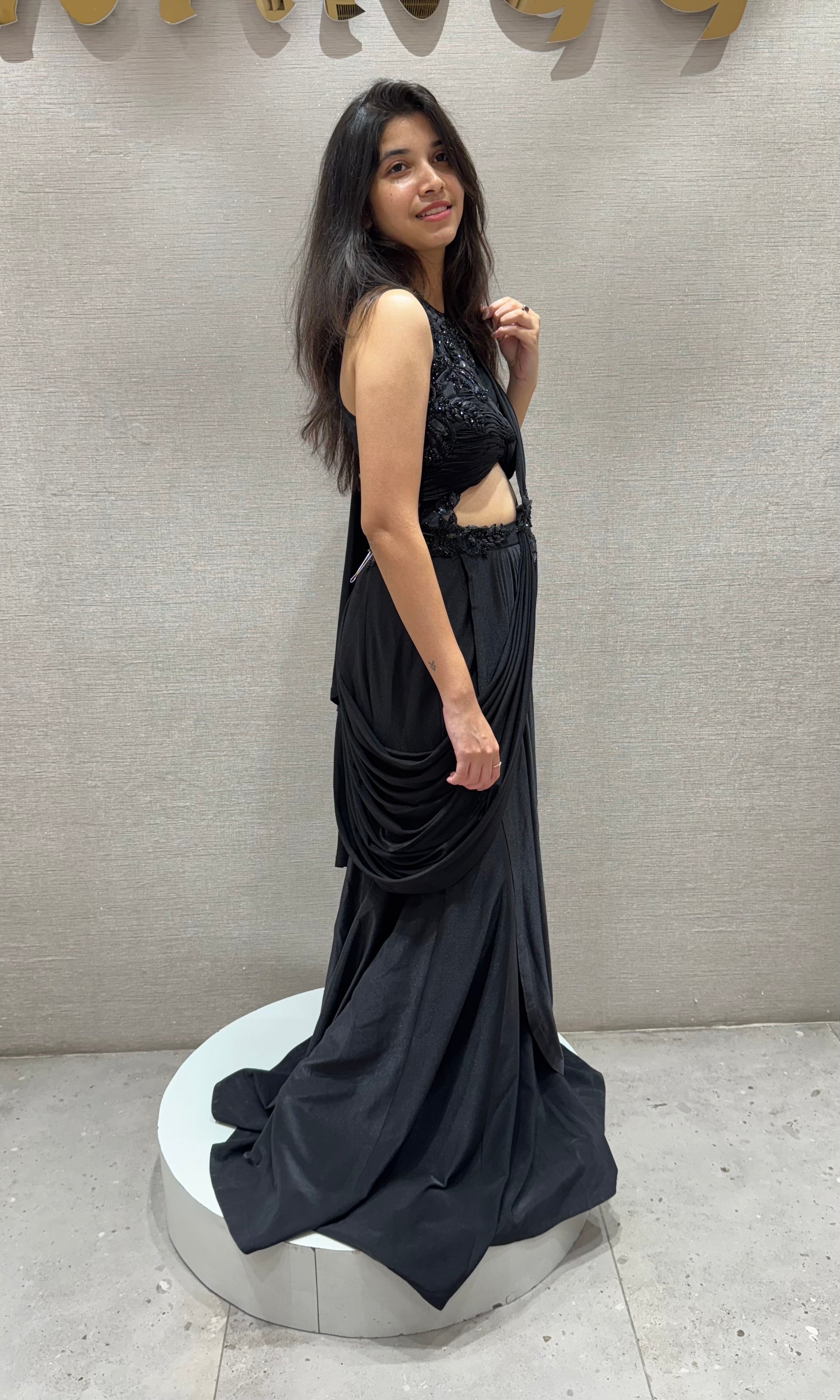 Black drape saree with halter neck blouse