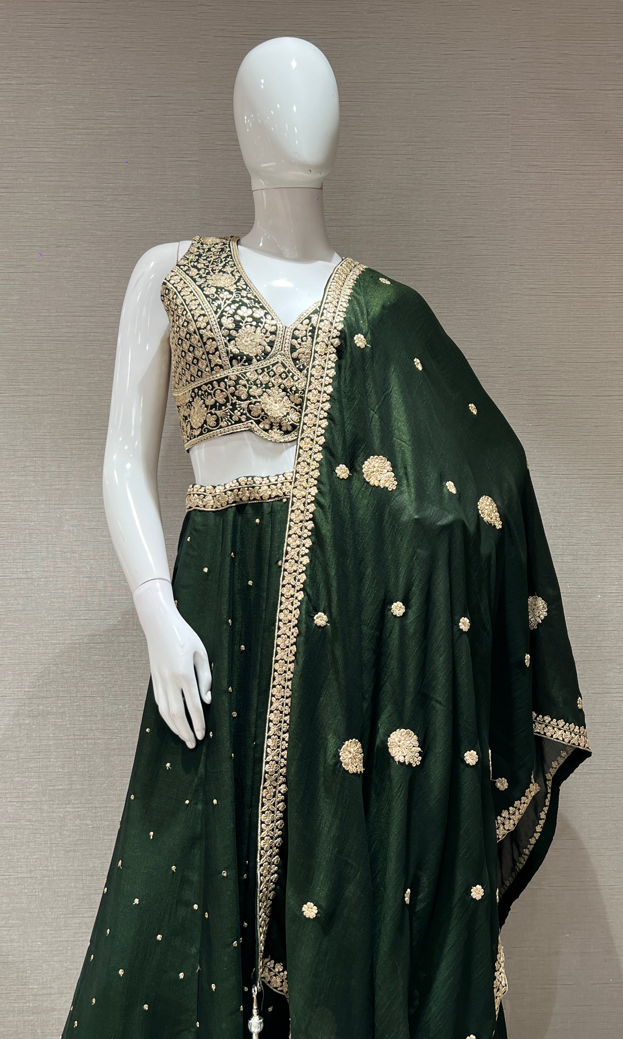 Bottle green golden embroidered lehanga