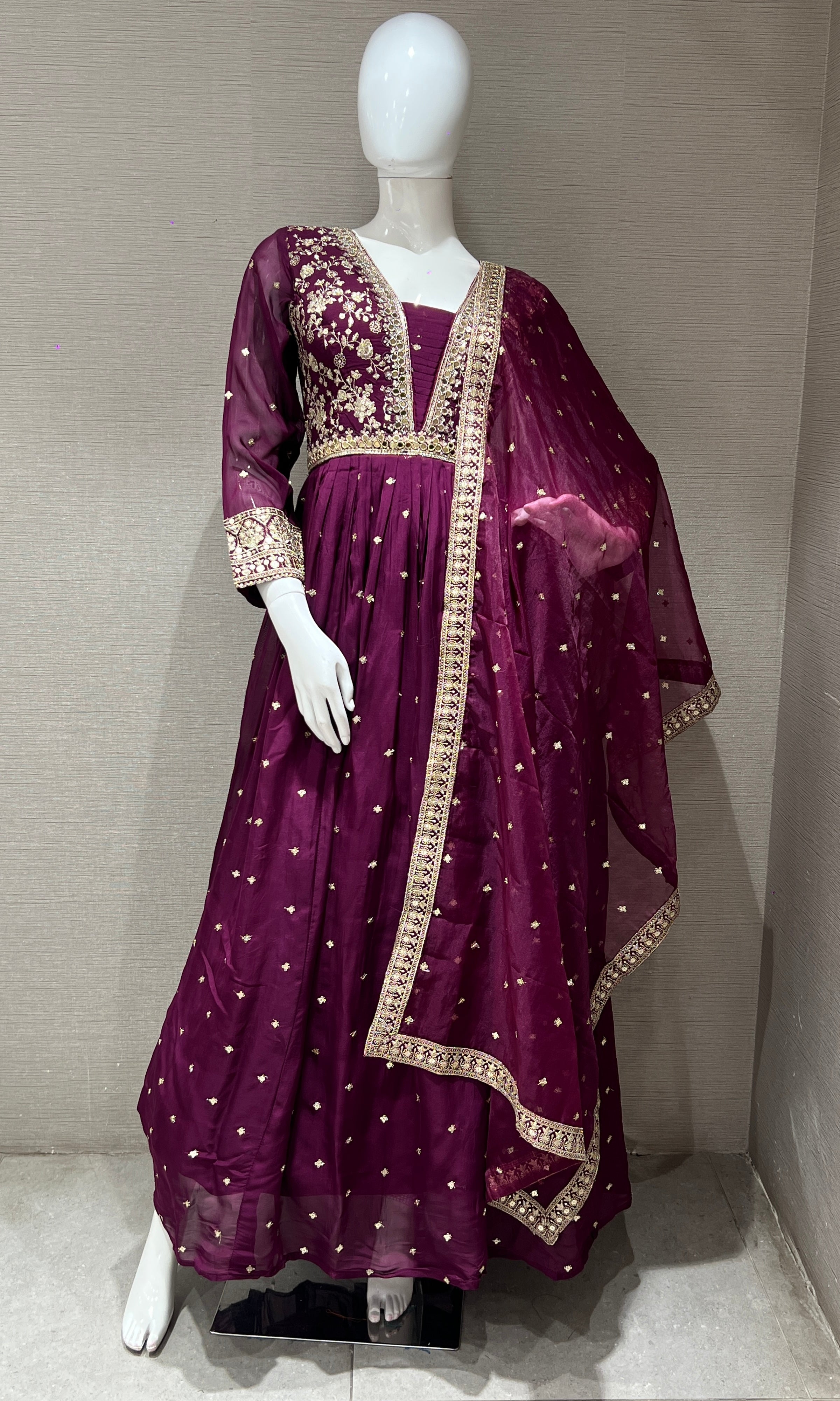 wine long anarkali with gold embroidered