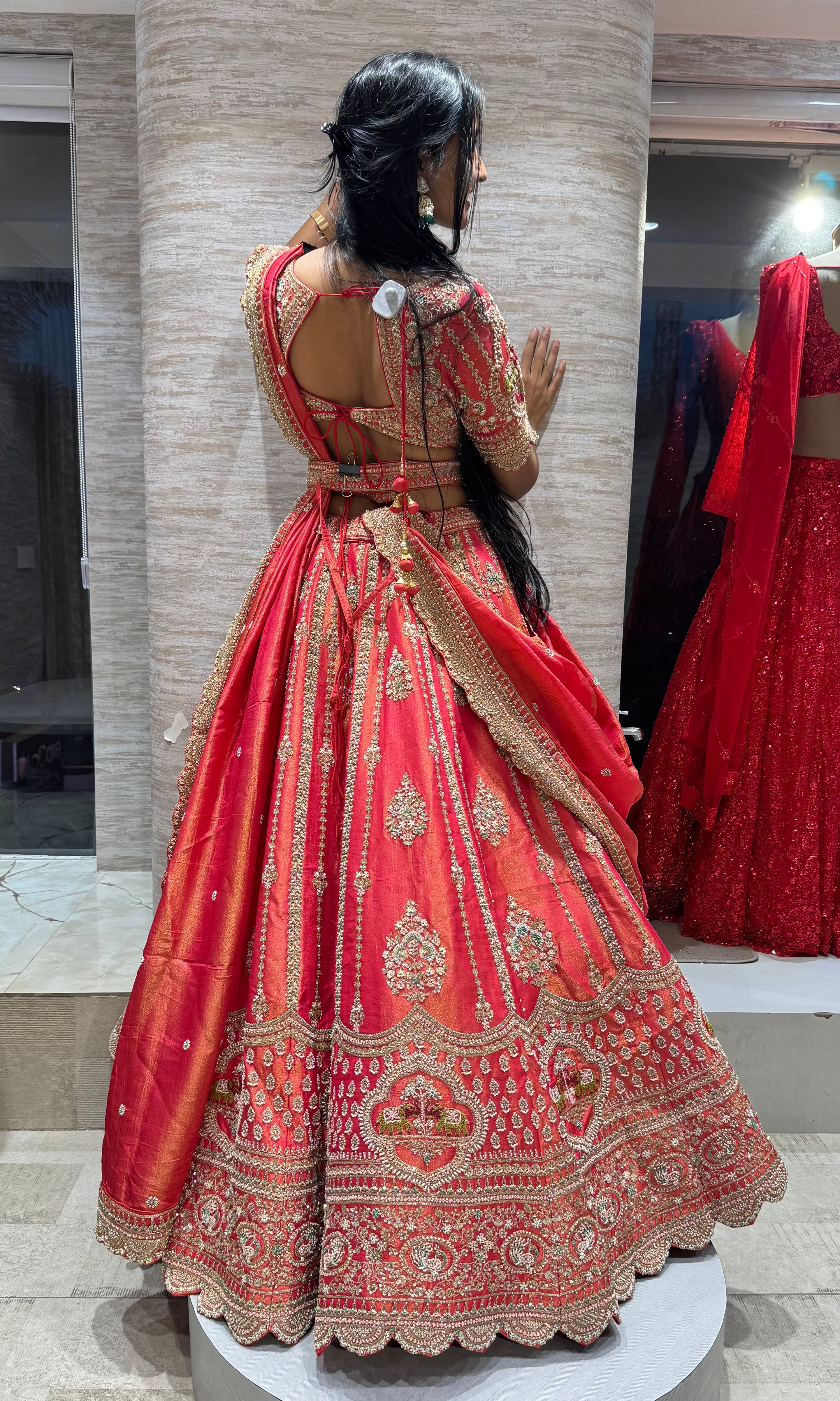 Red Embellished Bridal Lehenga with Belt