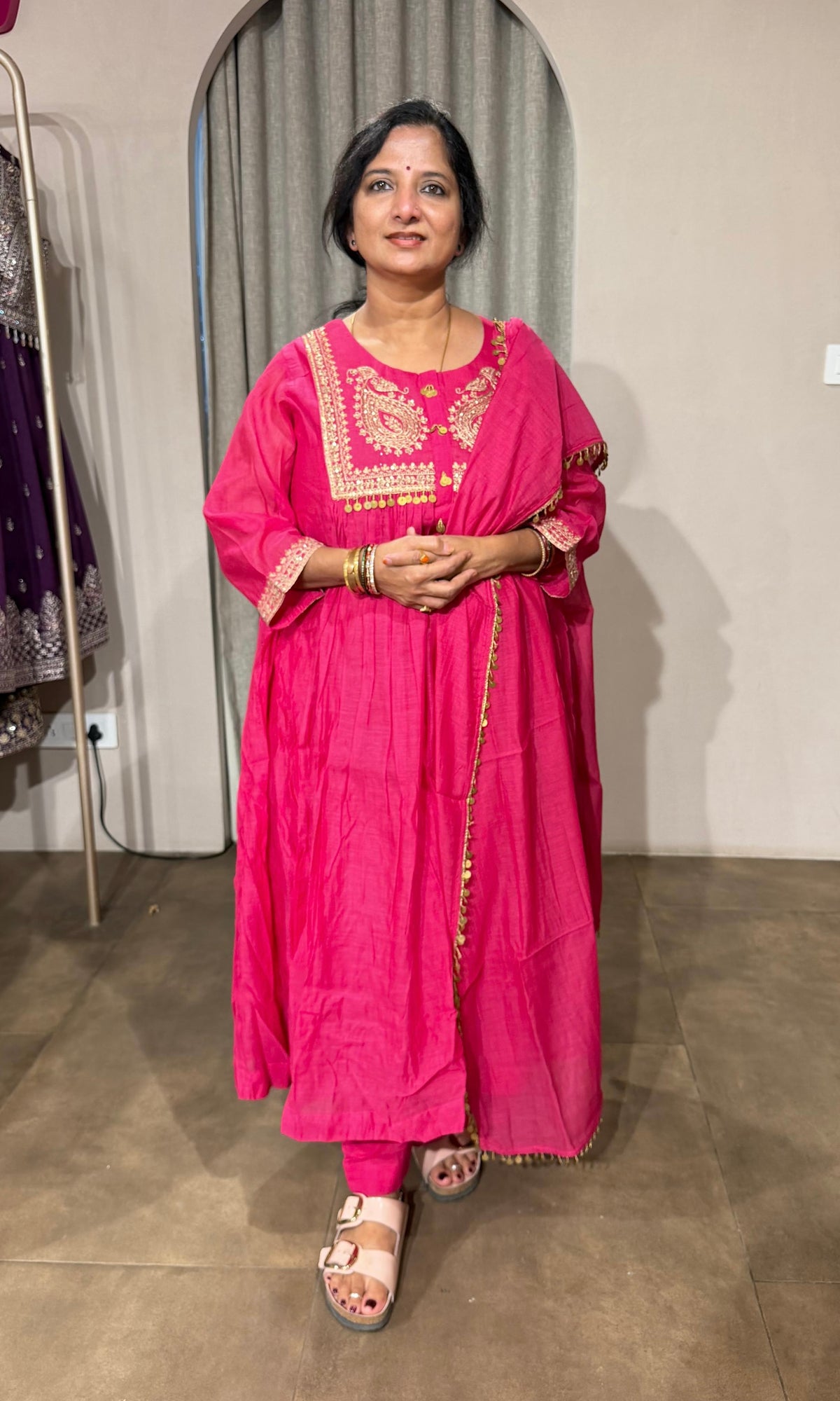 PINK MUL CHANDERI KURTA SET WITH DUPATTA