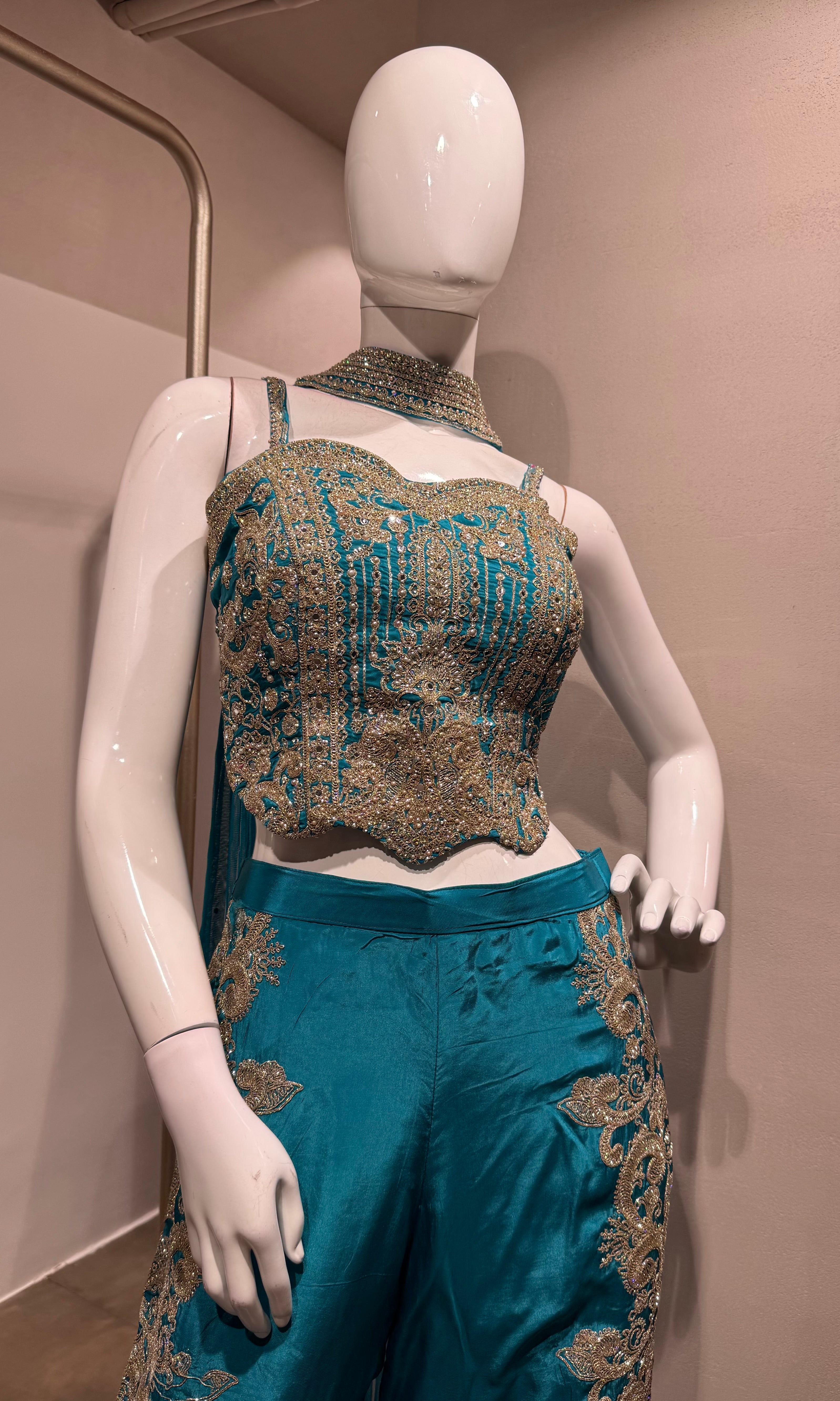 Rama blue Embroidered Indo-Western Set
