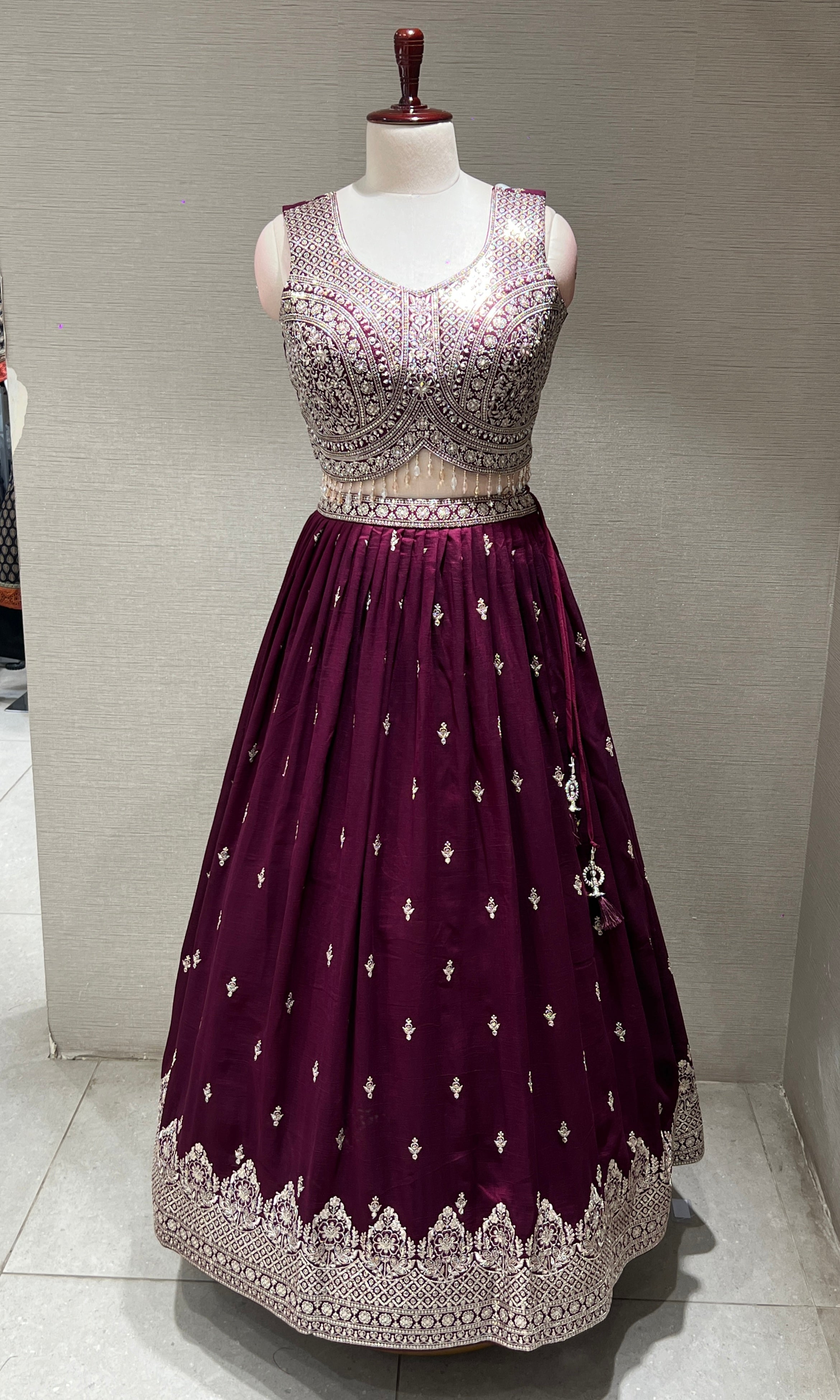 Wine Heavy Mirror Embroidered Lehenga