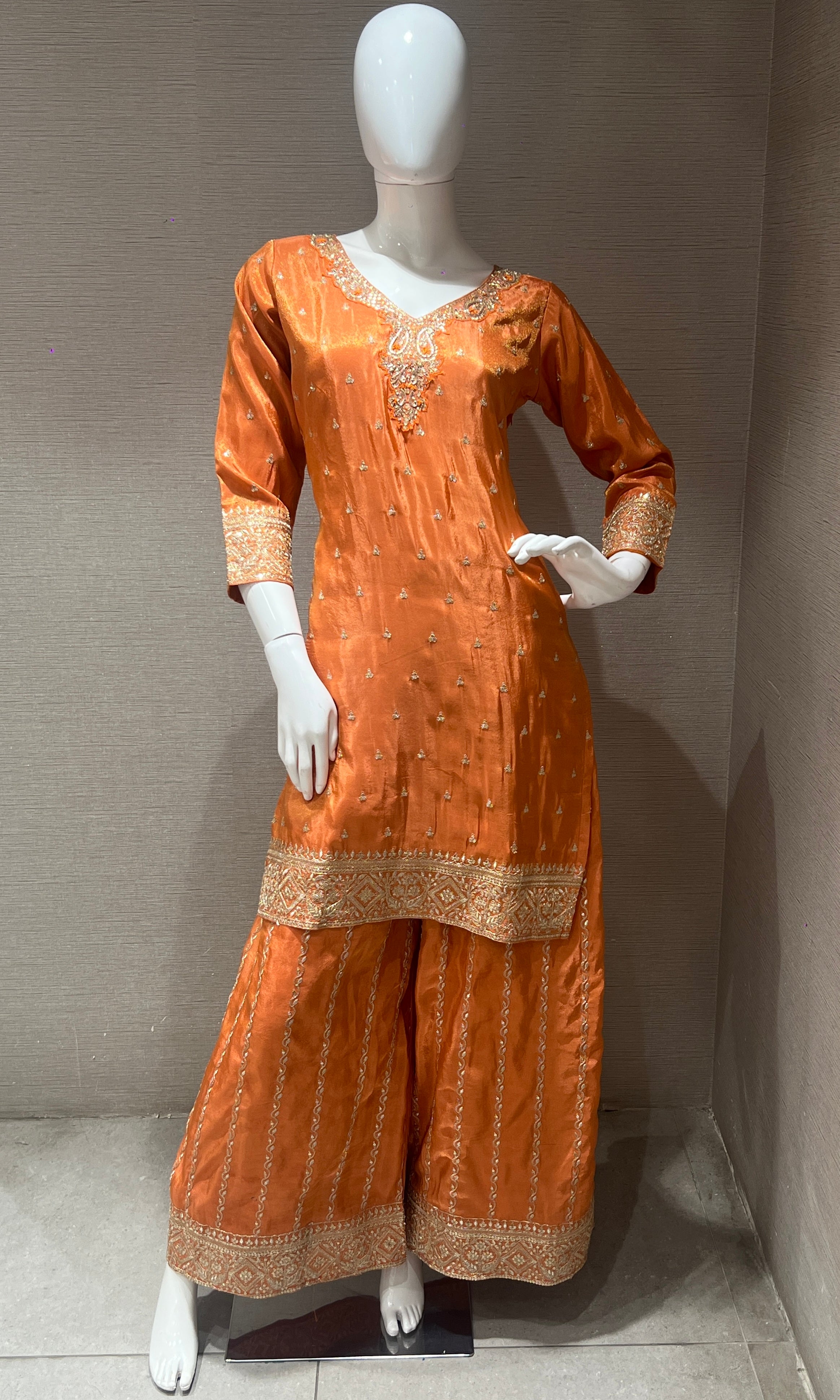 Orange Embroidered Sharara Suit with Dupatta