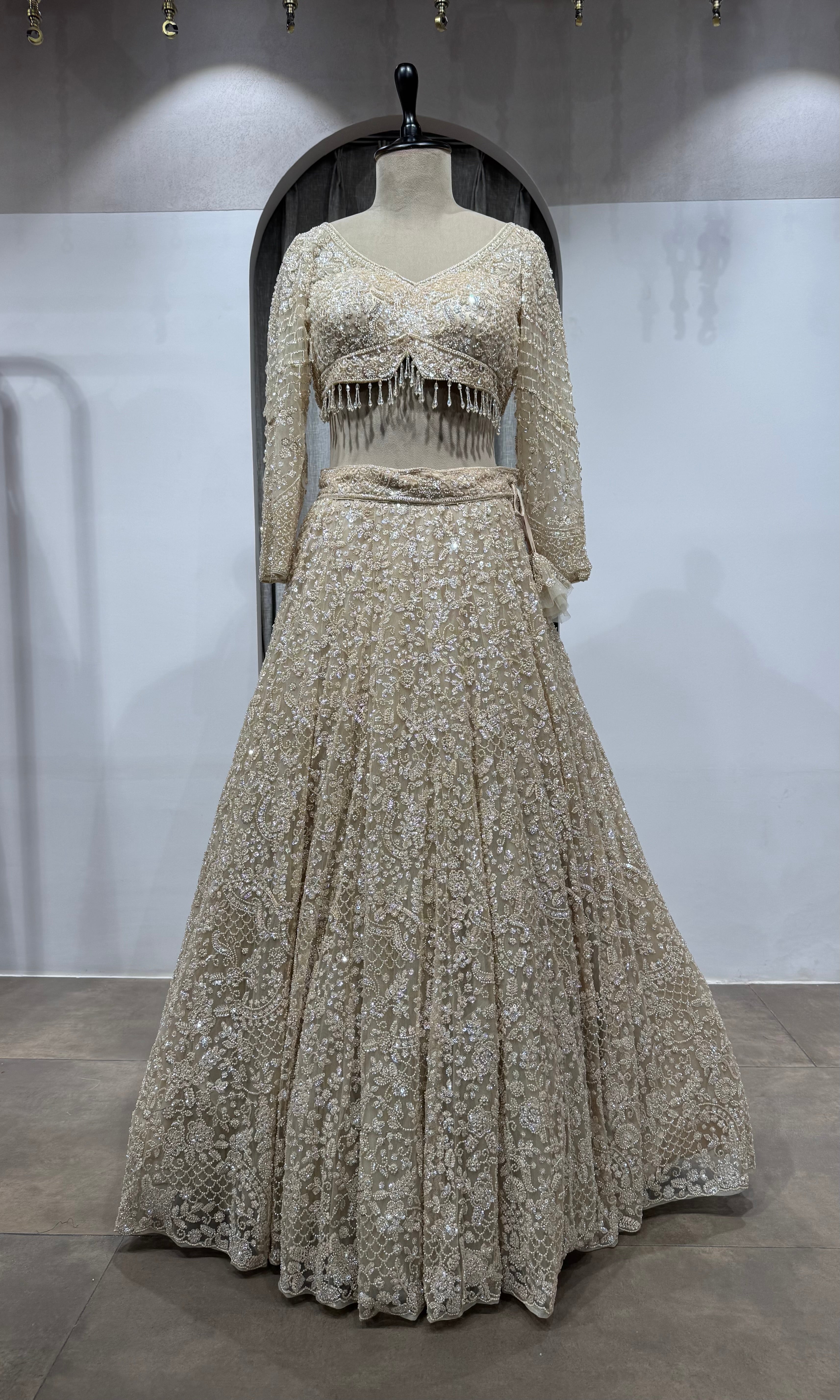 Ivory Net Sequin Embroidered Lehenga Set