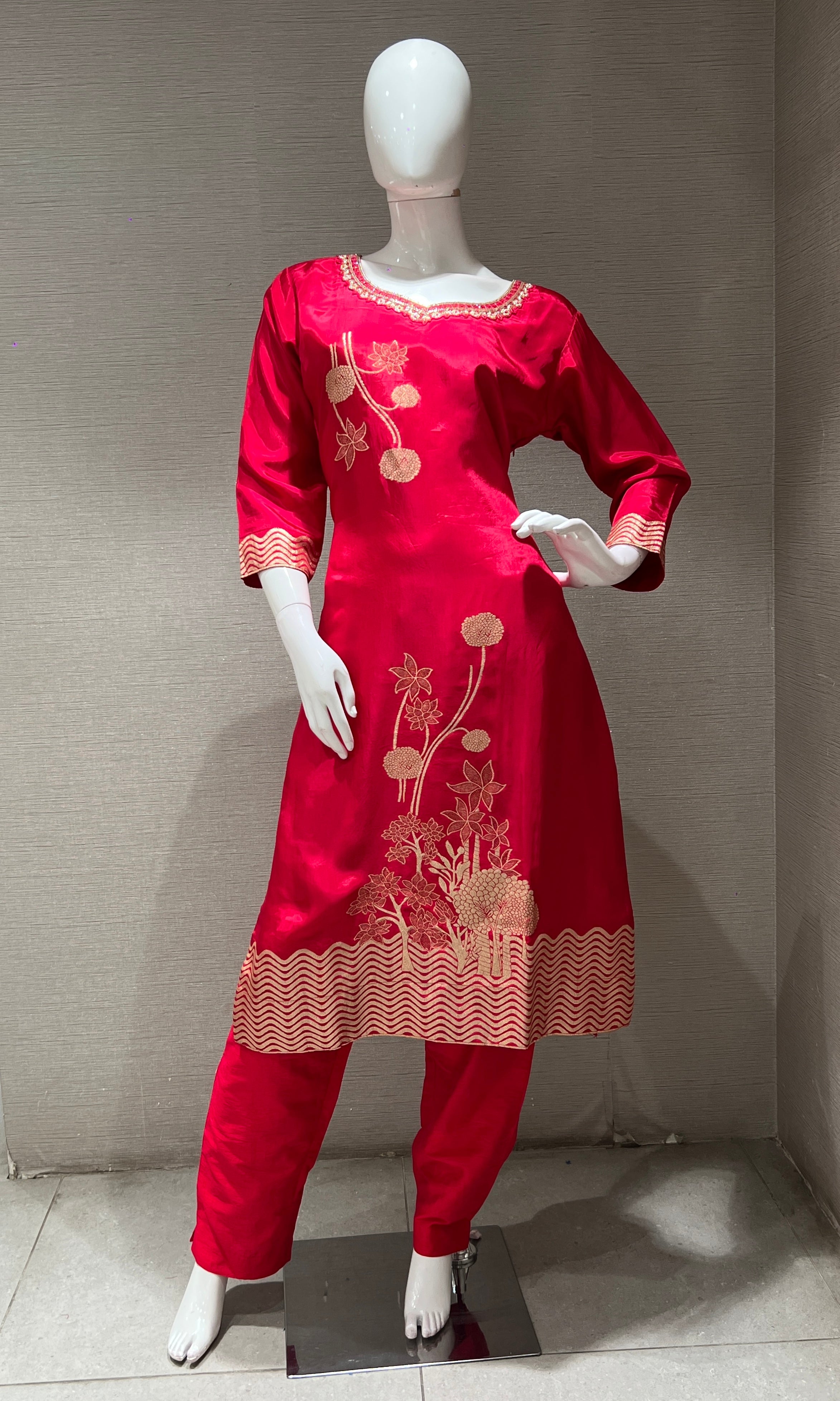 Rani Pink golden embroidered kurta set