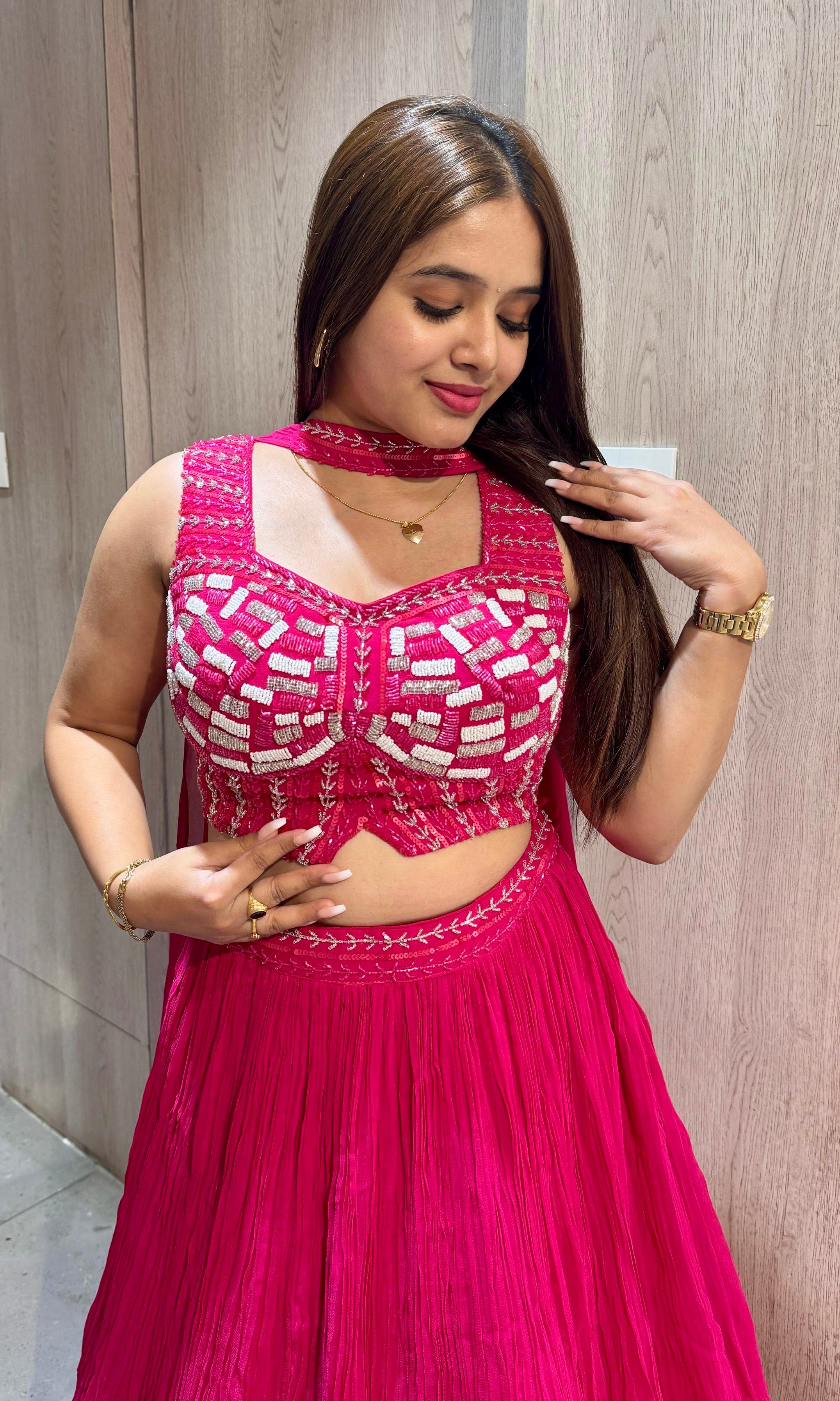 Rani pink croptop with crushed Lehenga