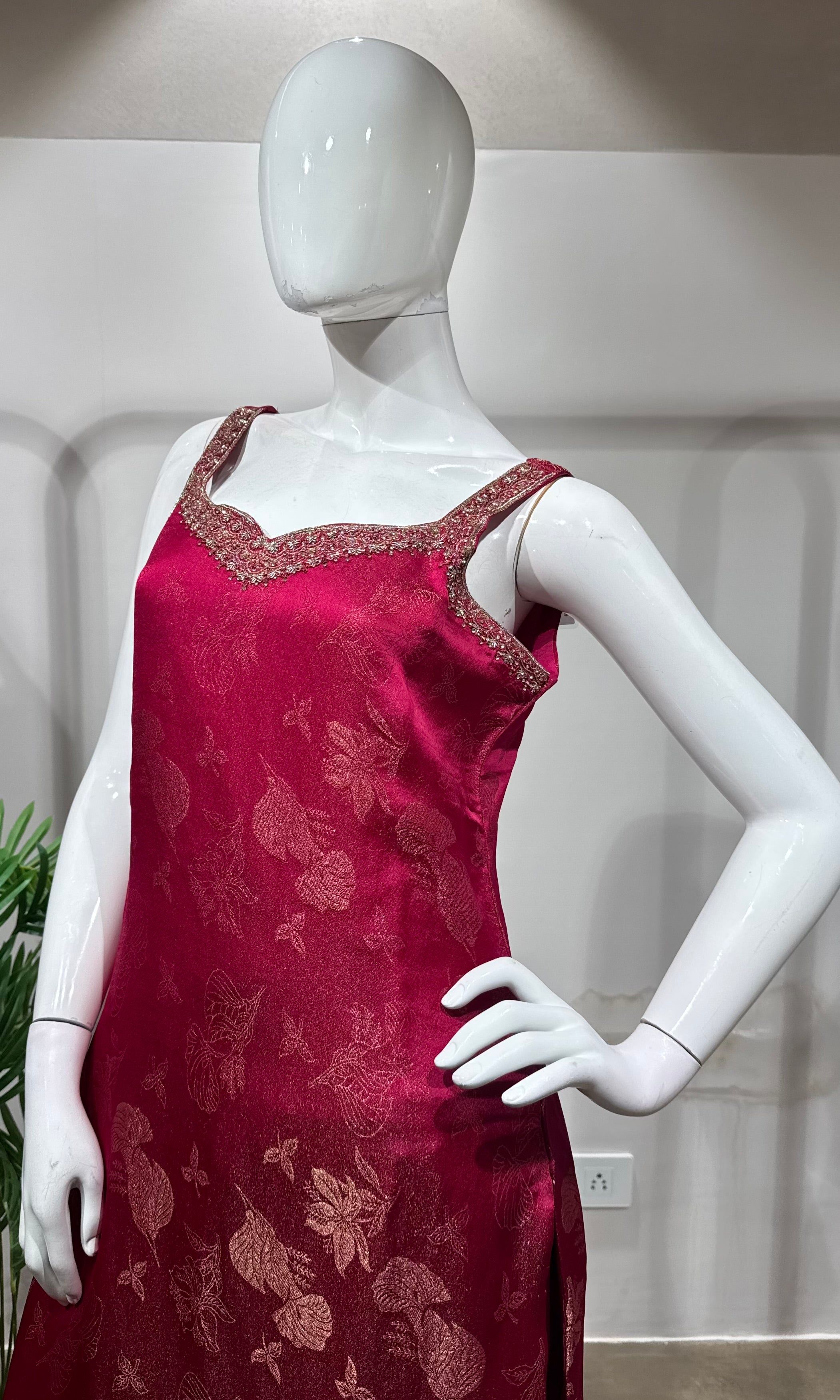 Rani Pink Banarasi Silk Straight Kurta Set