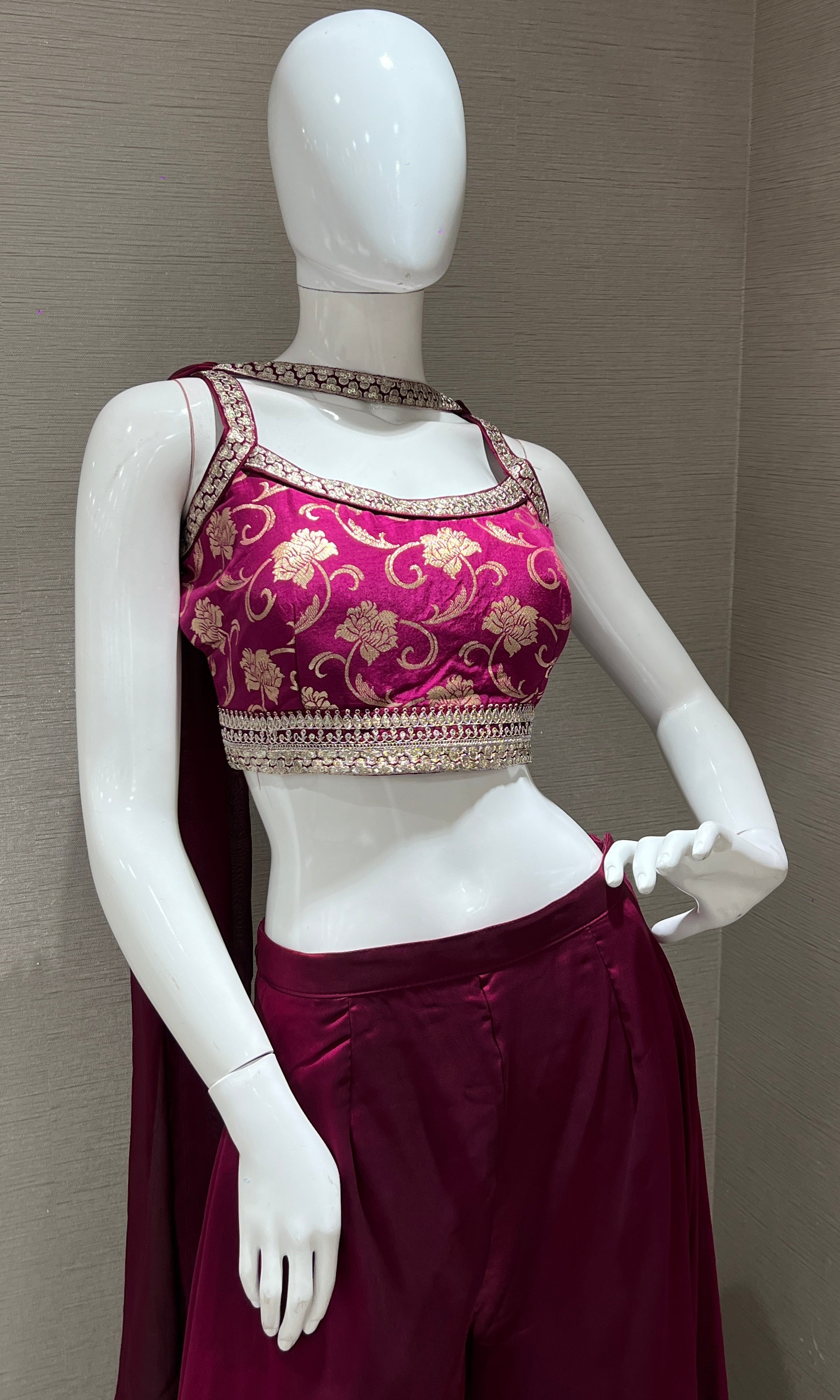 wine Embellished Blouse with Flowy Palazzo