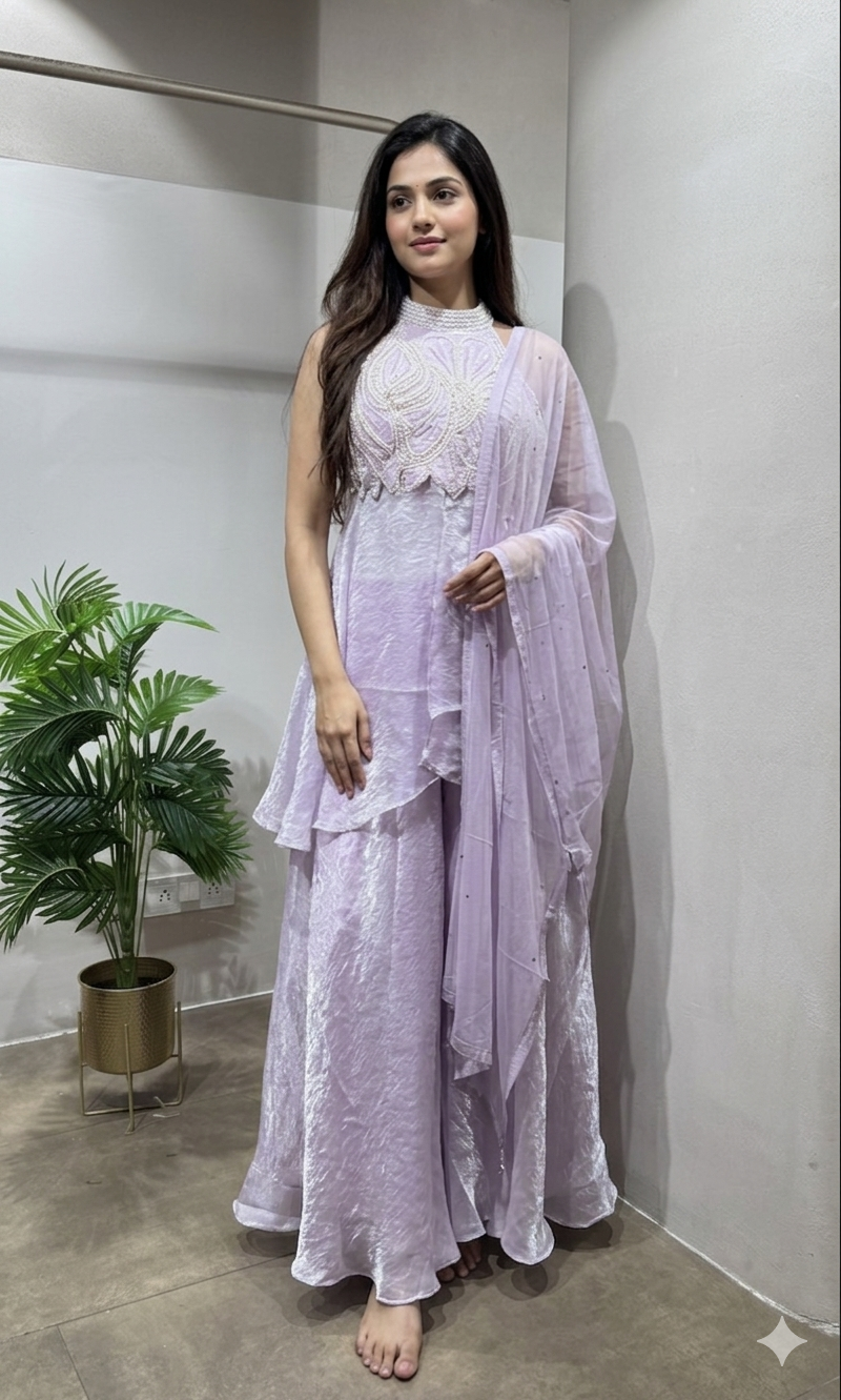 Lavender Hand-Embroidered PALAZZO Suit with Dupatta