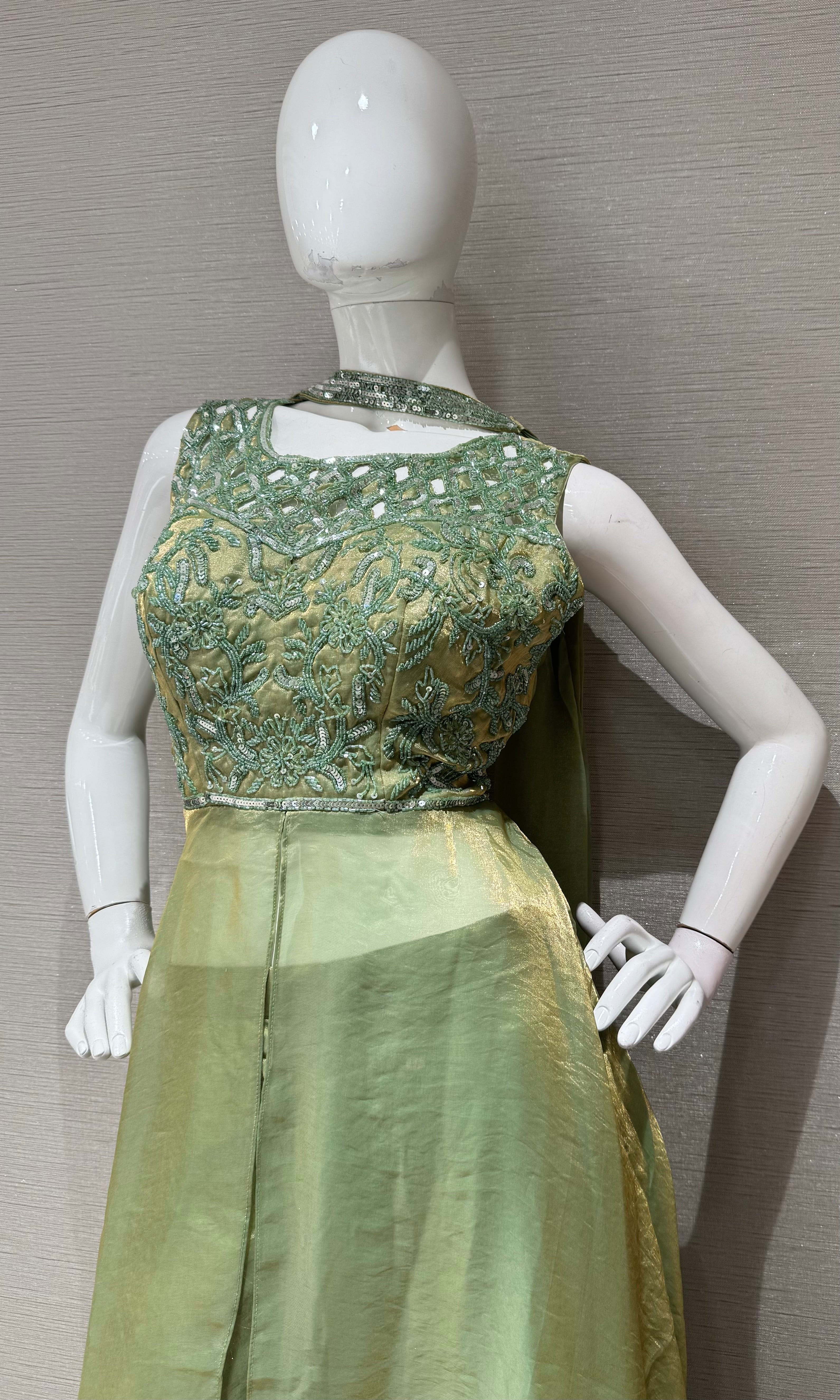 Green Front slit anarkali with palazzo pants