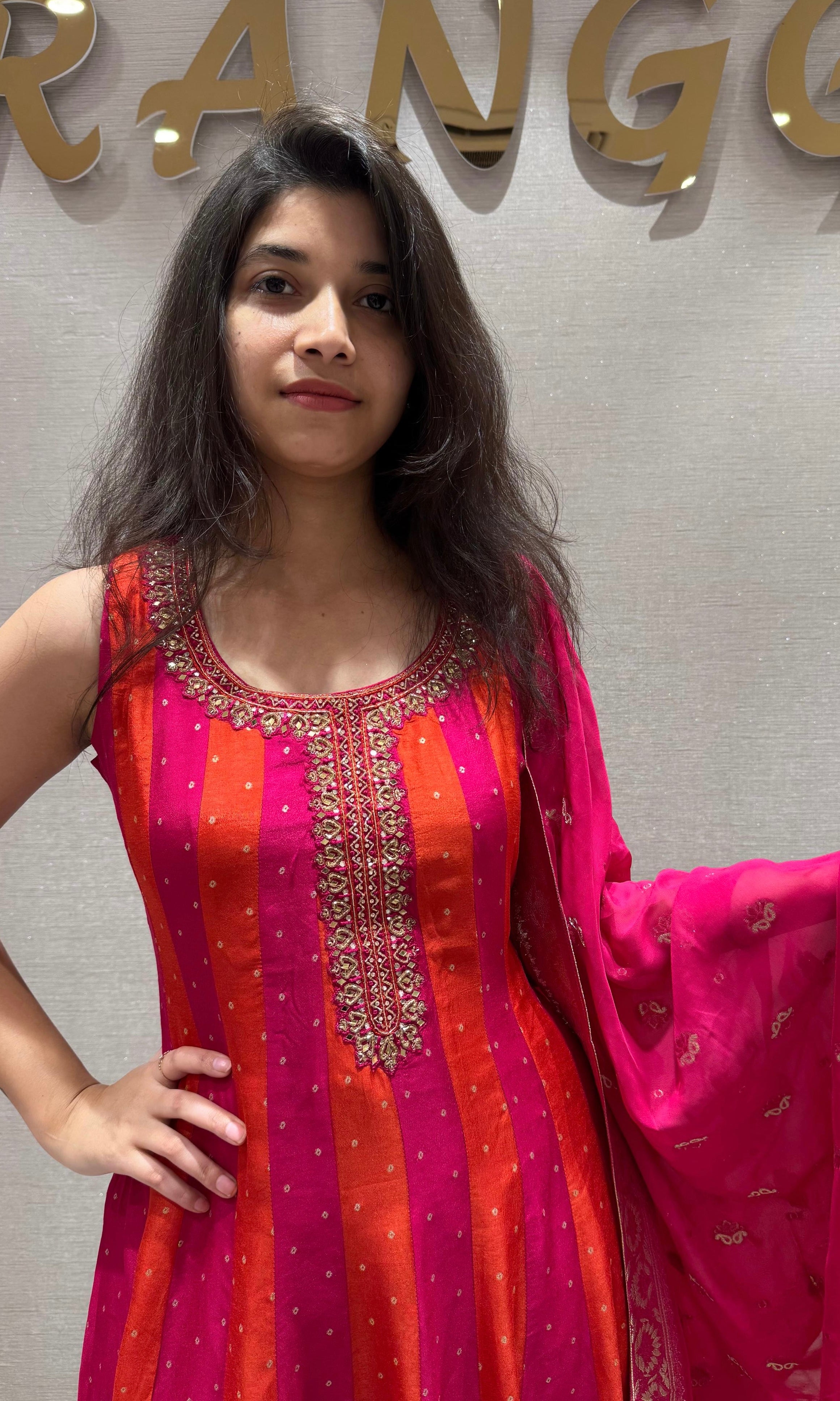 Rani Pink and Orange Stripe Anarkali