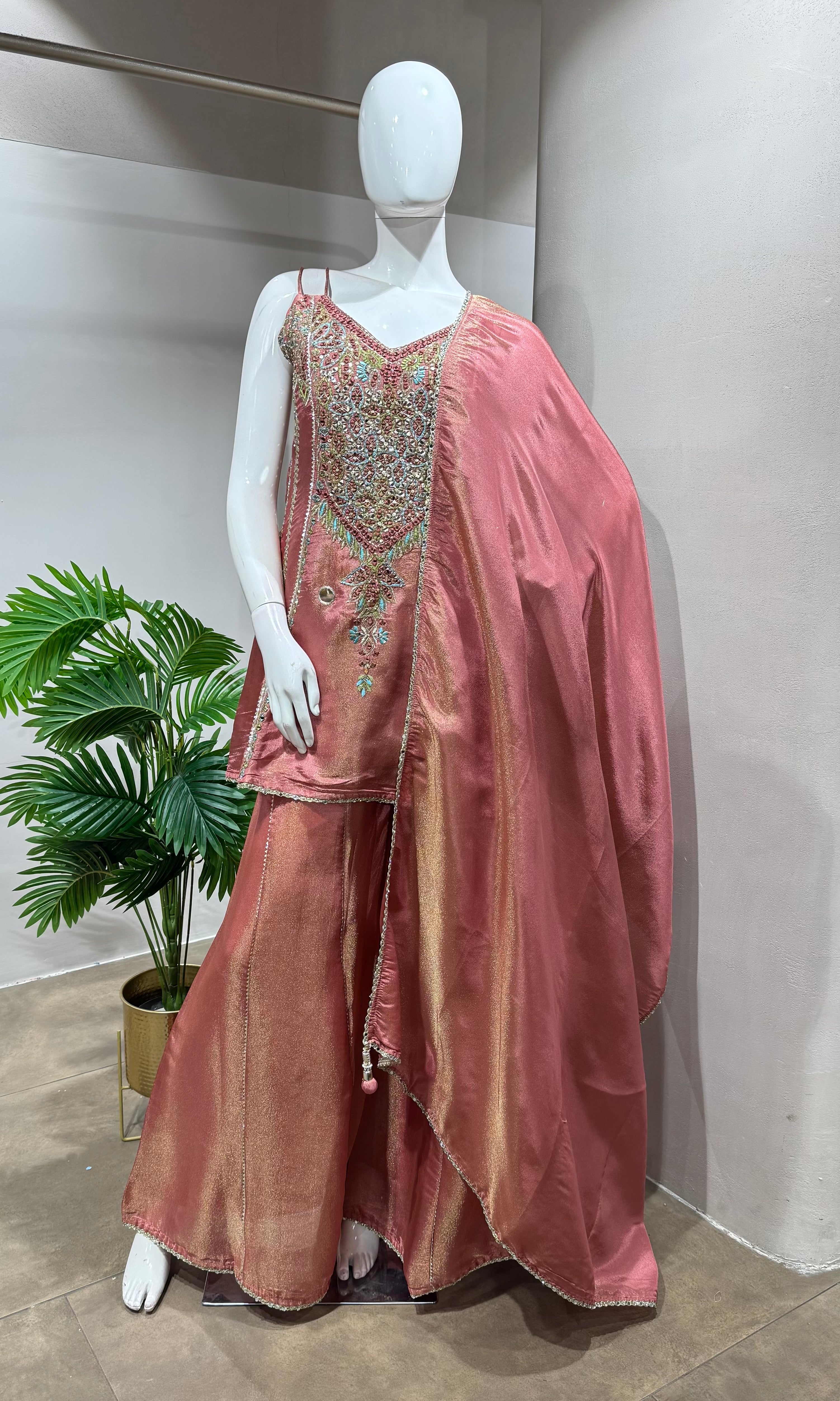 peach embroidered Tissue Sharara Set