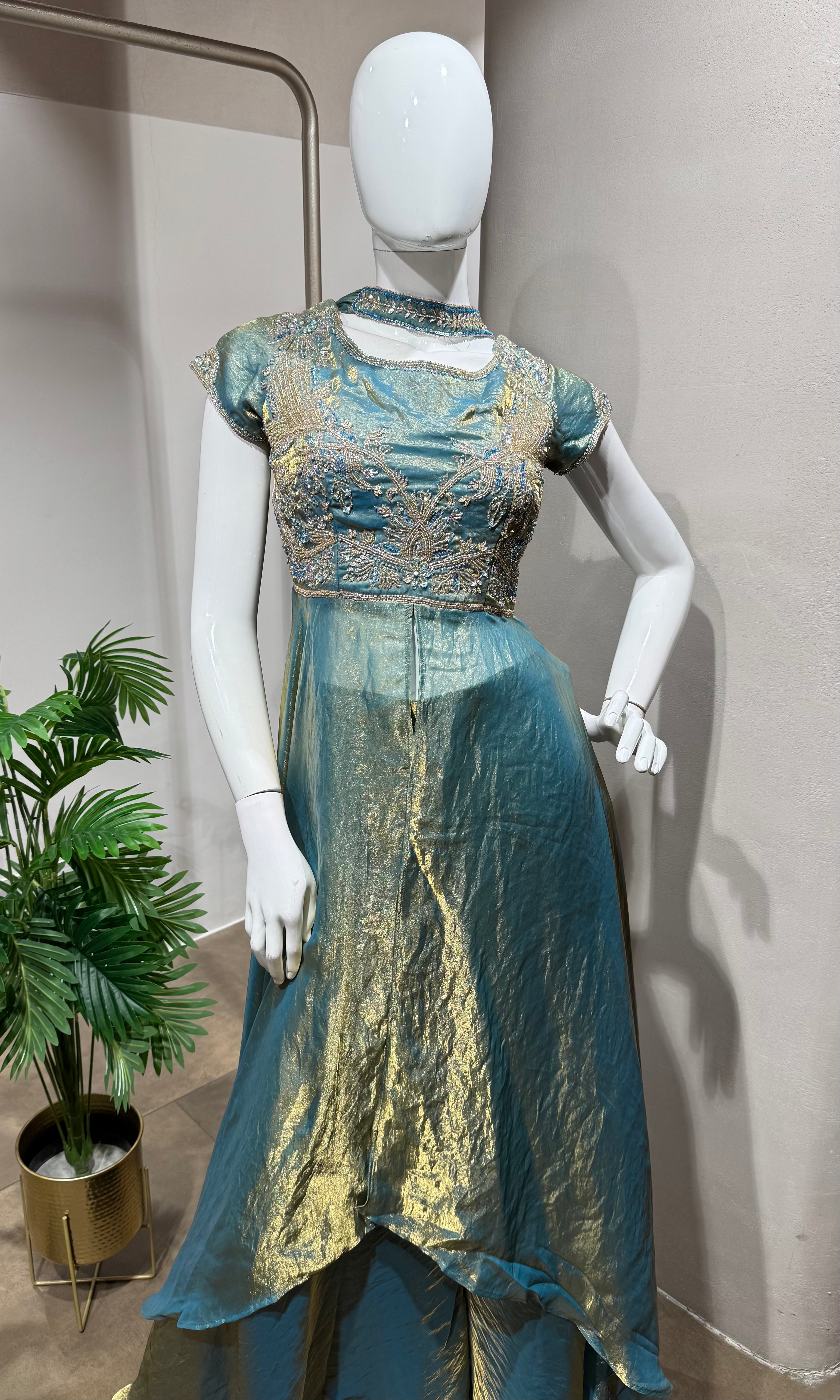 Blue Teal Shimmer Tissue anarkali Palazzo Set